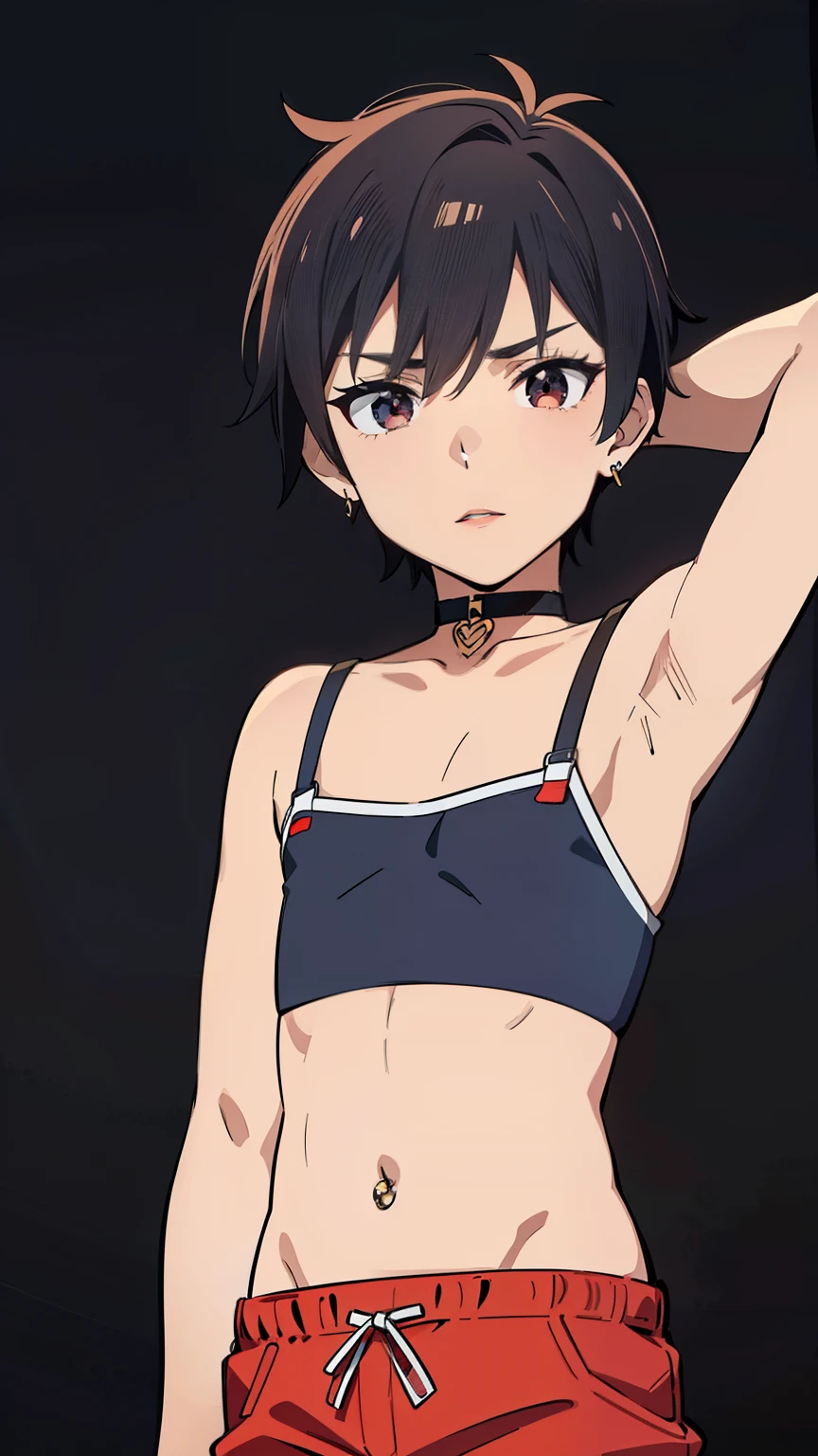 Highres, Masterpiece, Best quality at best,Best Quality,hight quality, hight detailed,1boy, Solo, 10-yaear-old boy, kids, Body, short body, Stick on bra, Hot pants, Earring, Navel piercing, Stocking, Red lips, young boy, Choker, Bob hair style, (Showing armpit), (very young boy), (very small and short body), Picture taken from front, Simple beckground