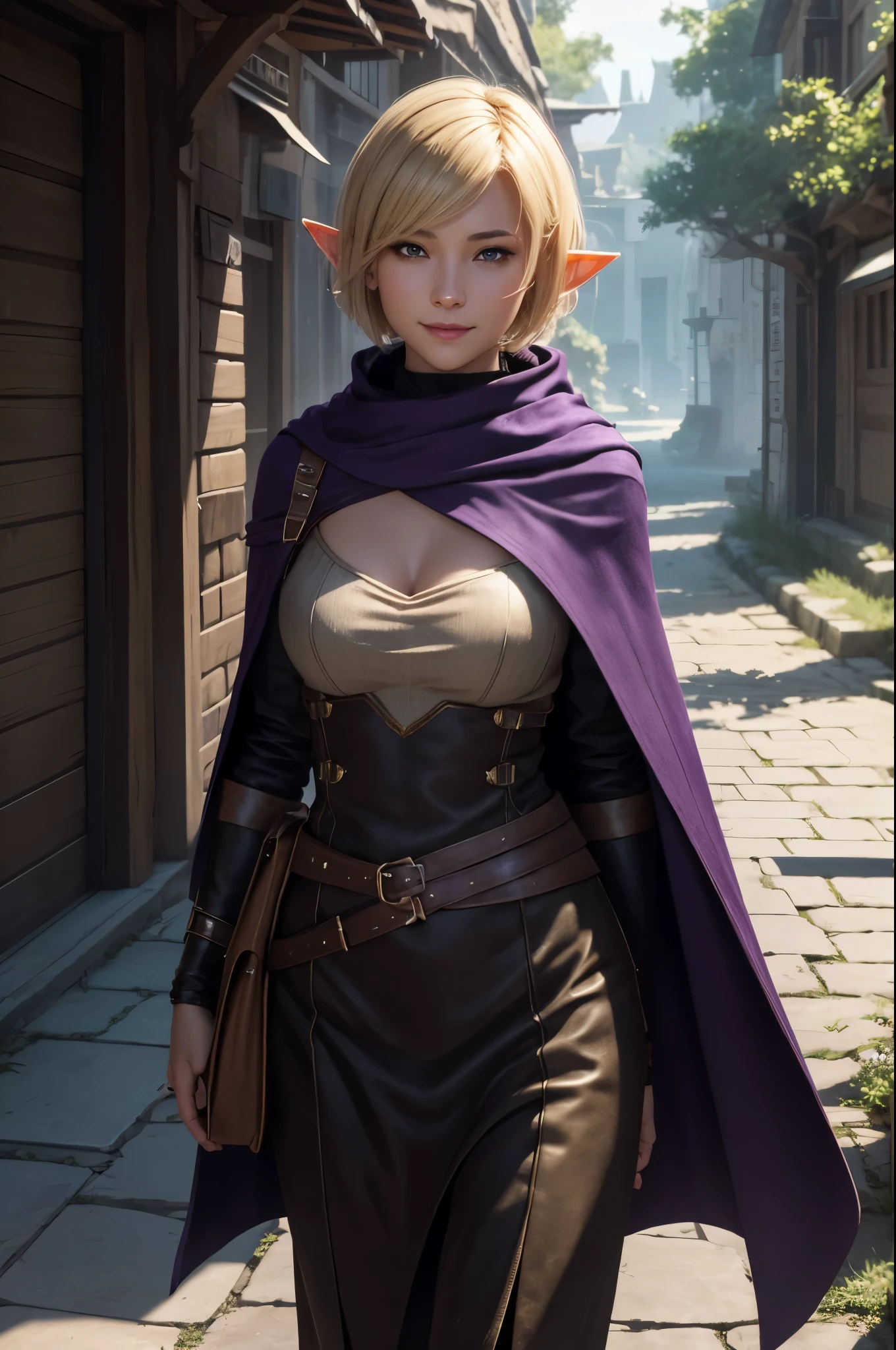 8k,Smiling blonde short bob hair,super beautiful(like the real thing),elf ears,An Arafe woman wearing a brown cloak is walking., super detailed Fantasy characterss, 3d rendering character art 8k, types of bacteria ; 3d unreal engine, fantasy costume, 4 k detail fantasy, 2. 5d cgi anime fantasy artwork, Fantasy characters, gorgeous purple and black pants, seductive woman, 素晴らしいcharacter art,masterpiece,Photorealistic RAW photos of the highest quality。bright colors,rich colors, Backlight, cinematic lighting, film grain, to be born, 50mm lens, Nikon D850,realistic skin,fantasy art,character art,ultra high resolution,realistic skin,wilderness,small breasts,road with dust,Adventurer's Costume,Carrying a large bag on your back,walk with half your face covered,hide your face,sharp gaze,sexy,