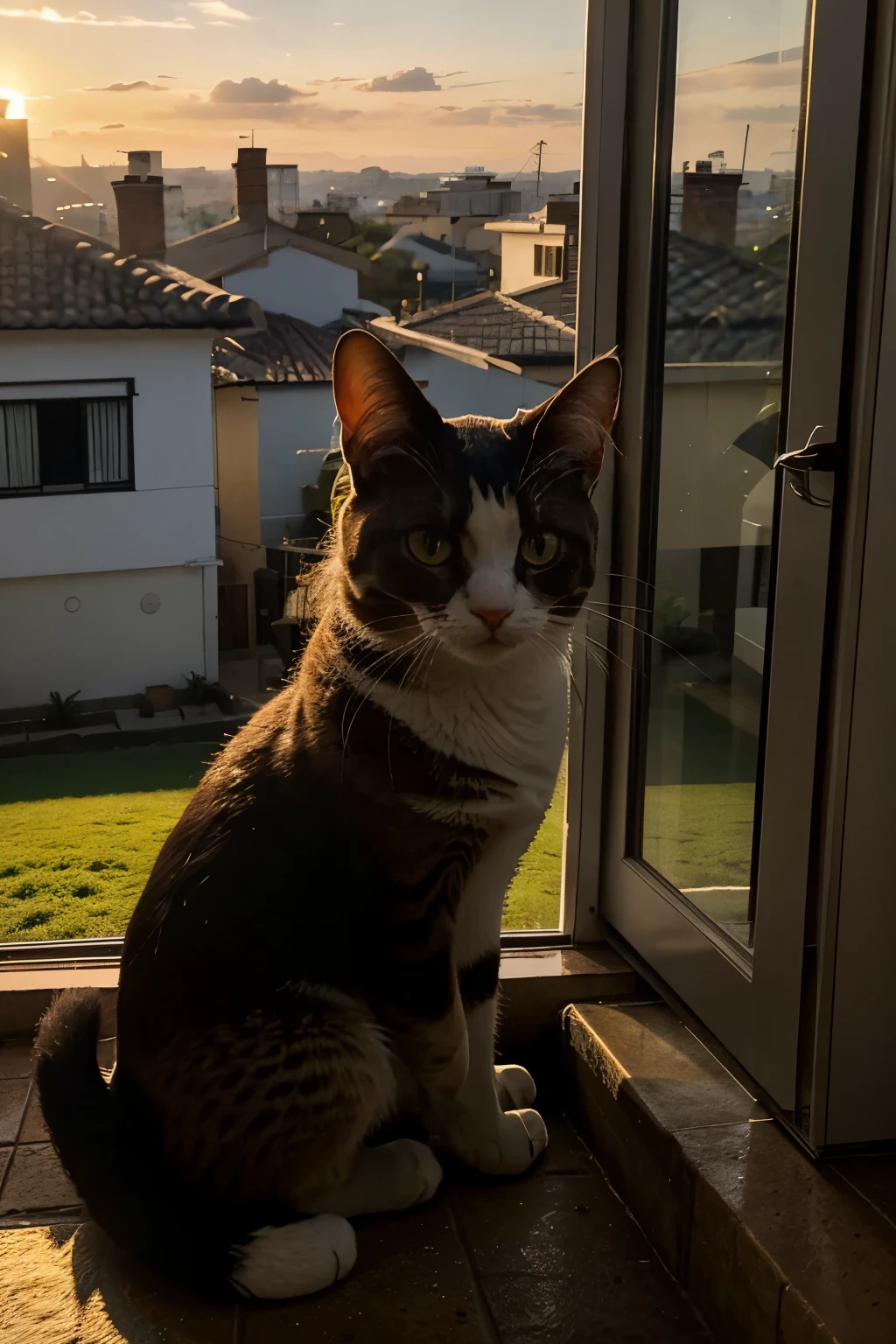 crea una imagen realista, photography style, size 512x512, formato 1:1, para Instagram. En la imagen debe verse a un gato de frente, que se le vea la cara y se le vea claramente en actitud activa, jugando o cazando o acechando. The setting can be inside a house with the sky seen through a window or on the street., that is clearly seen by the position of the sun and the light that is during a sunset or during sunrise.  The image must be realistic like a real photograph