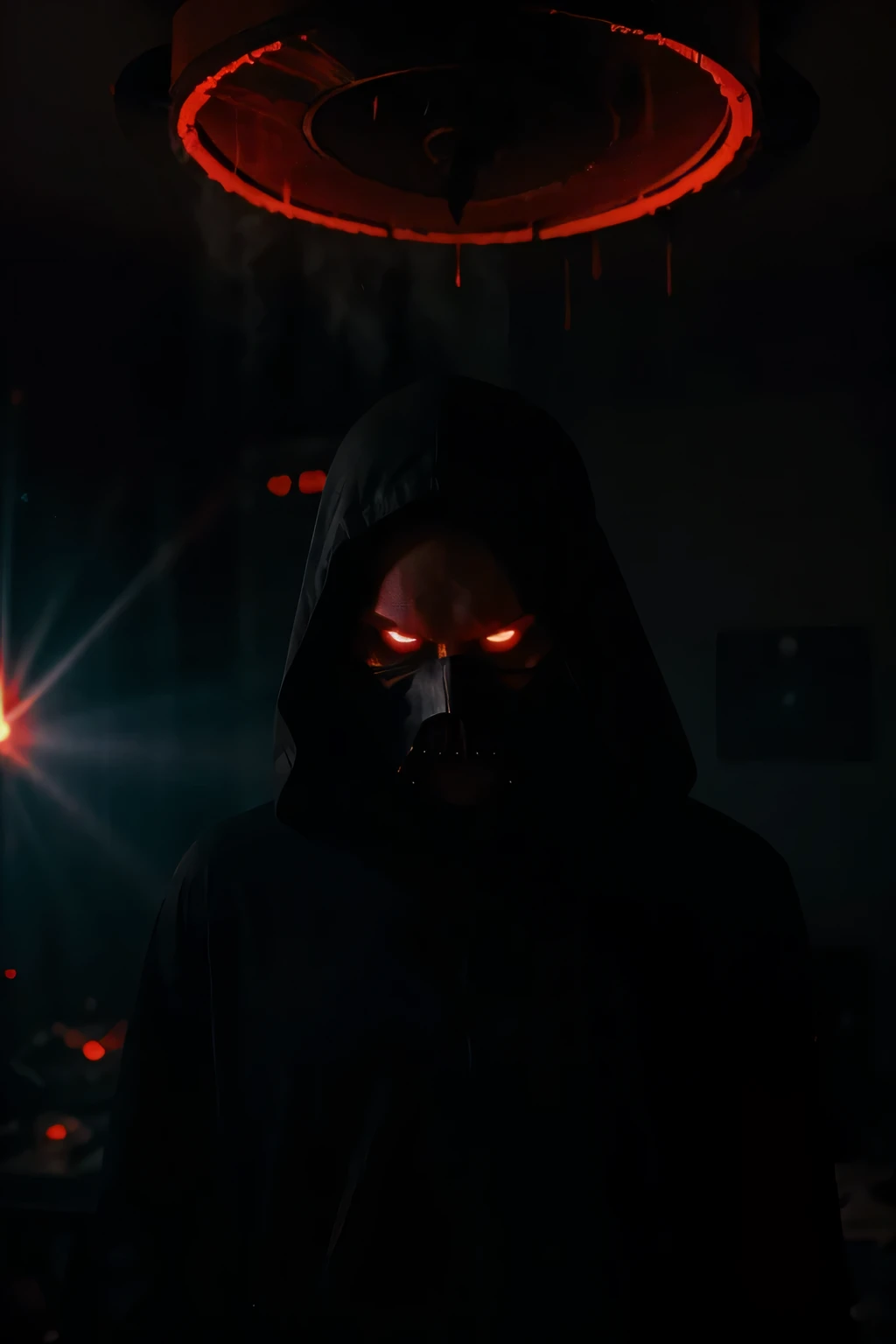 A dark evil entity shrouded in darkness covered by black swirling smoke that fills an entire room with bursts of red neon rays that are leaking out of the smoke