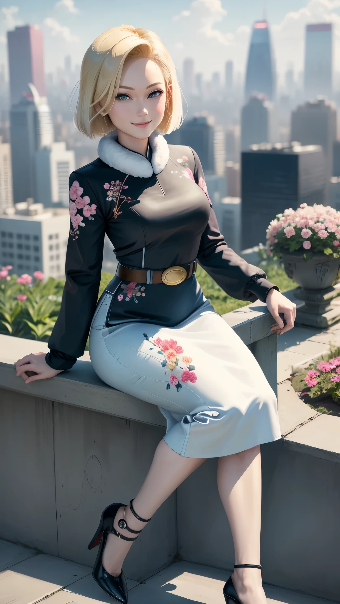 best quality, highres, and18, 1girl, android 18, solo girl, blonde hair, blue eyes, belt, black high heels, long white qipao dress with blossom embroidery, fur jacket, pearl necklace, short hair, medium breasts, cowboy shot, city view, straight-on, (weather: windy), cute smile, full length pantyhose, flower garden, sitting,