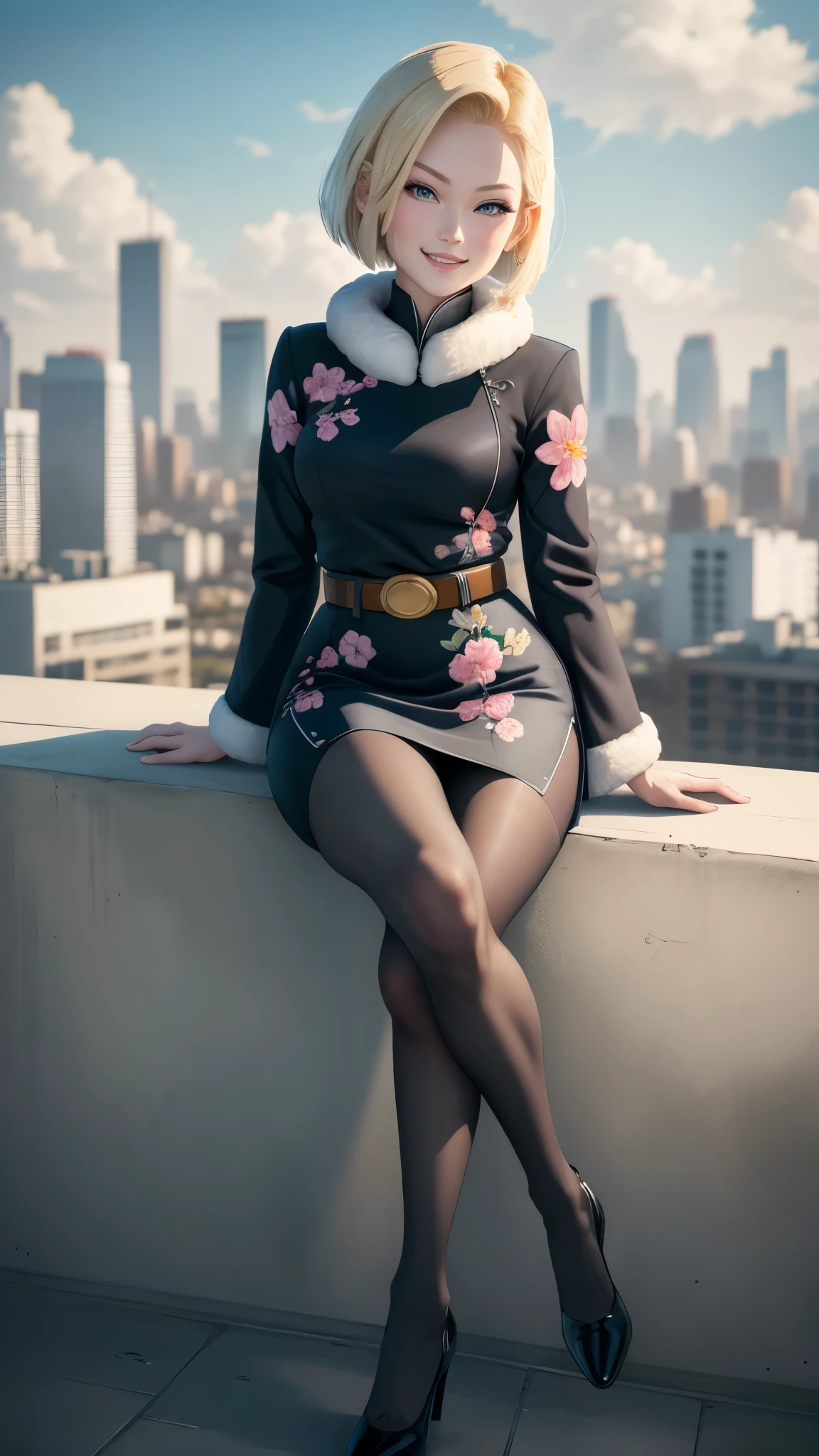 best quality, highres, and18, 1girl, android 18, solo girl, blonde hair, blue eyes, belt, black high heels, long white qipao dress with blossom embroidery, fur jacket, pearl necklace, short hair, medium breasts, cowboy shot, city view, straight-on, (weather: windy), cute smile, full length pantyhose, flower garden, sitting,