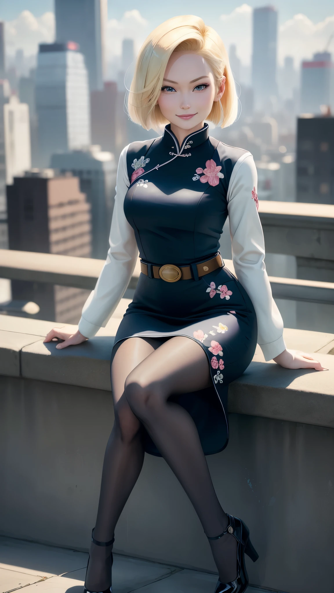 best quality, highres, and18, 1girl, android 18, solo girl, blonde hair, blue eyes, belt, black high heels, long white qipao dress with blossom embroidery, fur jacket, pearl necklace, short hair, medium breasts, cowboy shot, city view, straight-on, (weather: windy), cute smile, full length pantyhose, flower garden, sitting,