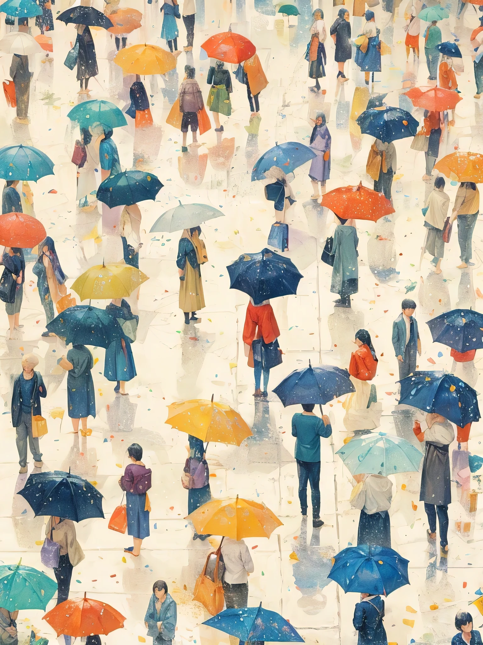 A movie poster of many people holding umbrellas on a rainy day in spring. From a top-down perspective, people walk on streets that have rained before, raindrops are falling, and people are holding umbrellas. Umbrellas have different patterns and rhythmic arrangements. On rainy ground, rain is falling, with lively colors. Matisse's color scheme is lavender, Klein blue, amber, moss green, Chinese white space, minimalist flat, bright colors, and light penetrating the air, Dopamine color, bird's-eye view, soft minimalist composition