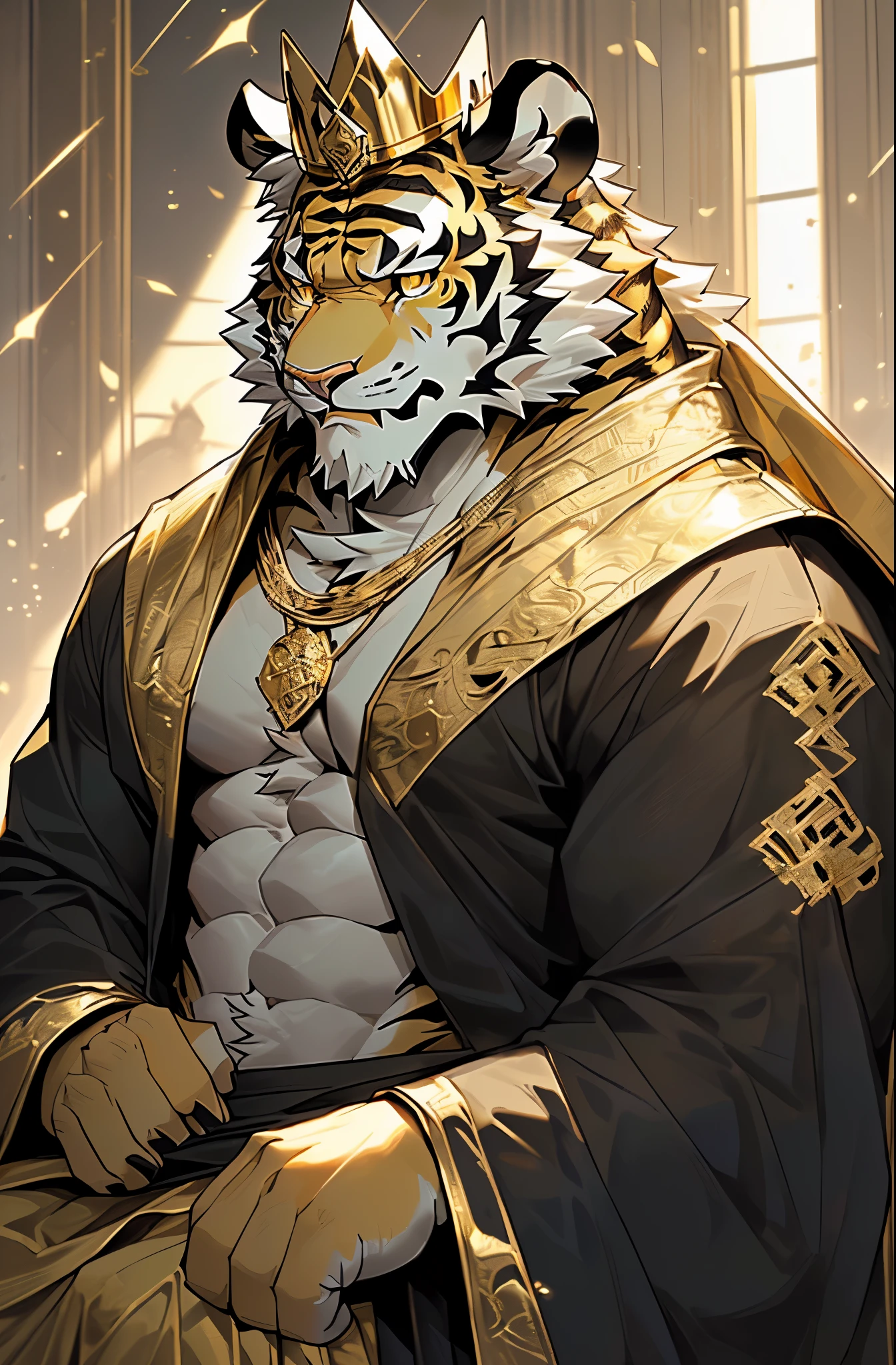 (One is wearing a black robe,Golden and white skin haired tiger sitting on the throne),Wearing a black embroidered cloud robe,dramatic,king's portrait,16k high quality detailed art,(Golden Tiger:1.1), (((white and gold fur:1.5))),((gold tone)), (The two eyes are not the same color,Pupils of different colors,One is golden,The other one is blue:1.3) (muscular body:1.2), perfect eyes, Handsome, (nice), (Perfect face,Eye portrayal:1.3),(Wearing an imperial crown:1.1),(gold and white intersecting skin:1.3),(royal palace background),(Close up:1.3).((disney style)),((cartoon)),Publaz, (golden tiger:1.1), (((gold and white fur:1.3))),((gold tone)), golden eyes, (muscular body:1.6), perfect eyes, Handsome, (OK), ((golden robe:1.3)), Express, (Background of the Royal Palace's electricity purchase),(Contemptuous eyes),,(golden tiger tail),different students,(perfect masterpiece),(16k),(((Blackfriars:1.6))),(abdominal muscles:1.3),(((middle aged:1.4))),(36 years old),(golden stripes),alone,(black sideburns:1.5),(black beard:1.5),(black chin:1.5),(golden face pattern:1),(The facial details are very rich:1.3),(Strong),Half body