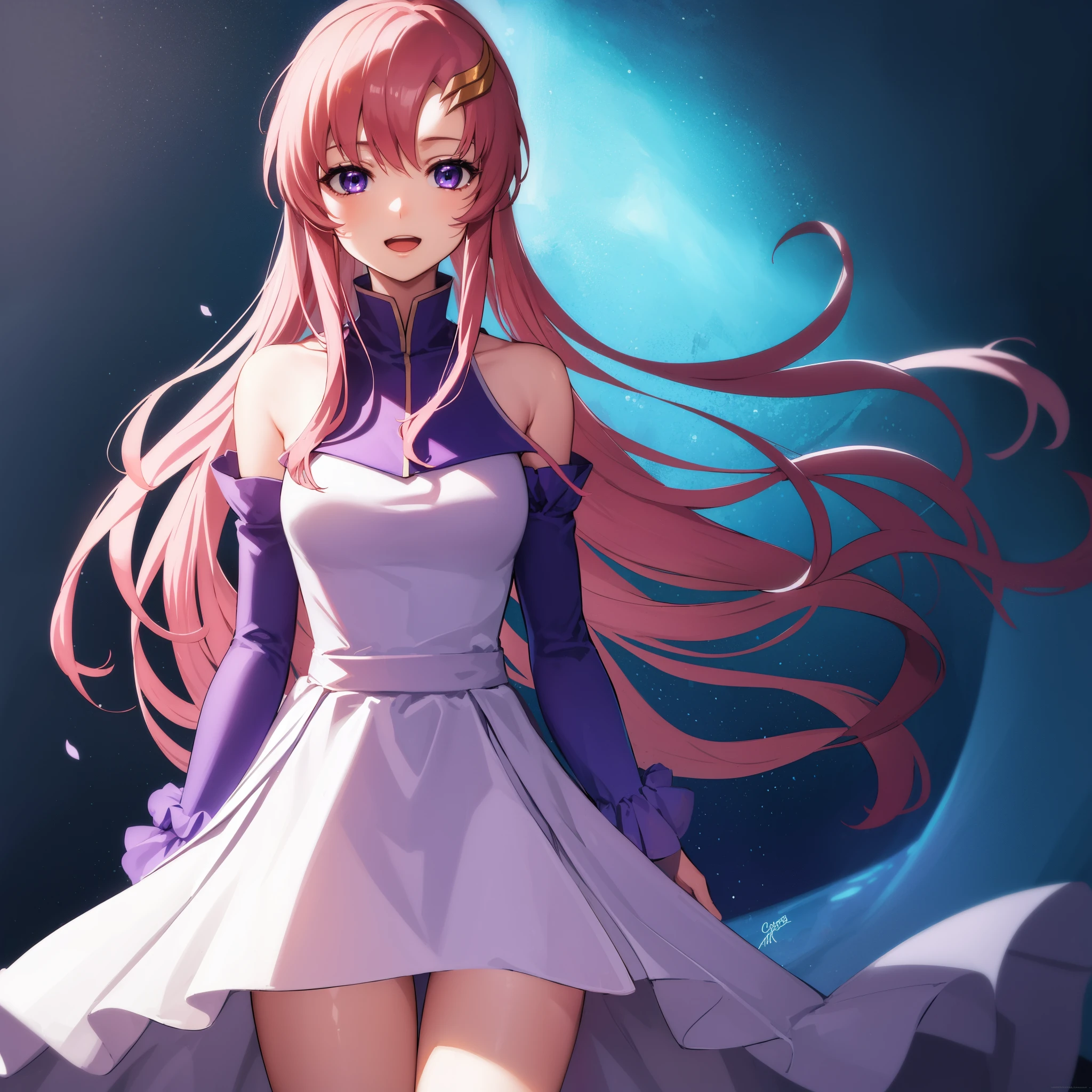 1girl, solo, lacusclyne, lacus clyne, (purple eyes:1.1), hair ornament, long hair, wave hair ornament, pink hair, smile, open mouth,
BREAK dress, long dress, long sleeves, white sleeves, frills frilled skirt, frilled sleeves, detached sleeves, bare shoulders, purple skirt, purple frills,
BREAK looking at viewer, (cowboy shot:1.5),
BREAK outdoors, space, star \(sky\), sun, 
BREAK (masterpiece:1.2), best quality, high resolution, unity 8k wallpaper, (illustration:0.8), (beautiful detailed eyes:1.6), extremely detailed face, perfect lighting, extremely detailed CG, (perfect hands, perfect anatomy), white gloves