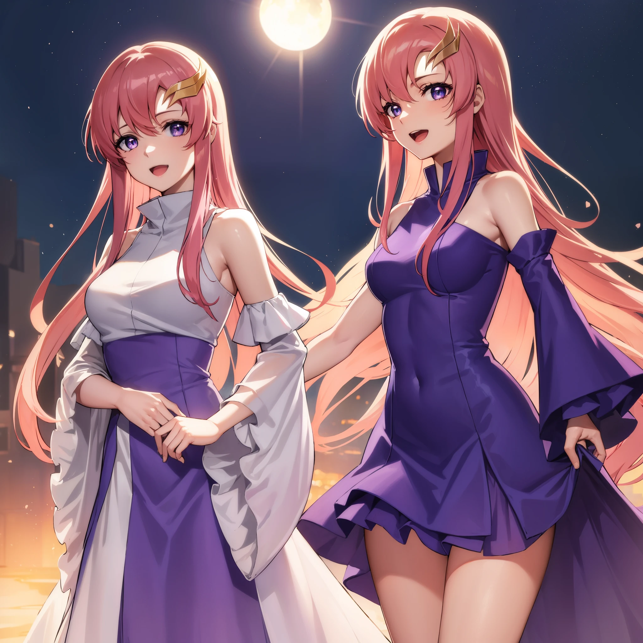 lacusclyne, lacus clyne, (purple eyes:1.1), hair ornament, long hair, wave hair ornament, pink hair, smile, open mouth,
BREAK dress, long dress, long sleeves, white sleeves, frills frilled skirt, frilled sleeves, detached sleeves, bare shoulders, purple skirt, purple frills,
BREAK looking at viewer, (cowboy shot:1.5),
BREAK outdoors, space, star \(sky\), sun,
BREAK (masterpiece:1.2), best quality, high resolution, unity 8k wallpaper, (illustration:0.8), (beautiful detailed eyes:1.6), extremely detailed face, perfect lighting, extremely detailed CG, (perfect hands, perfect anatomy),