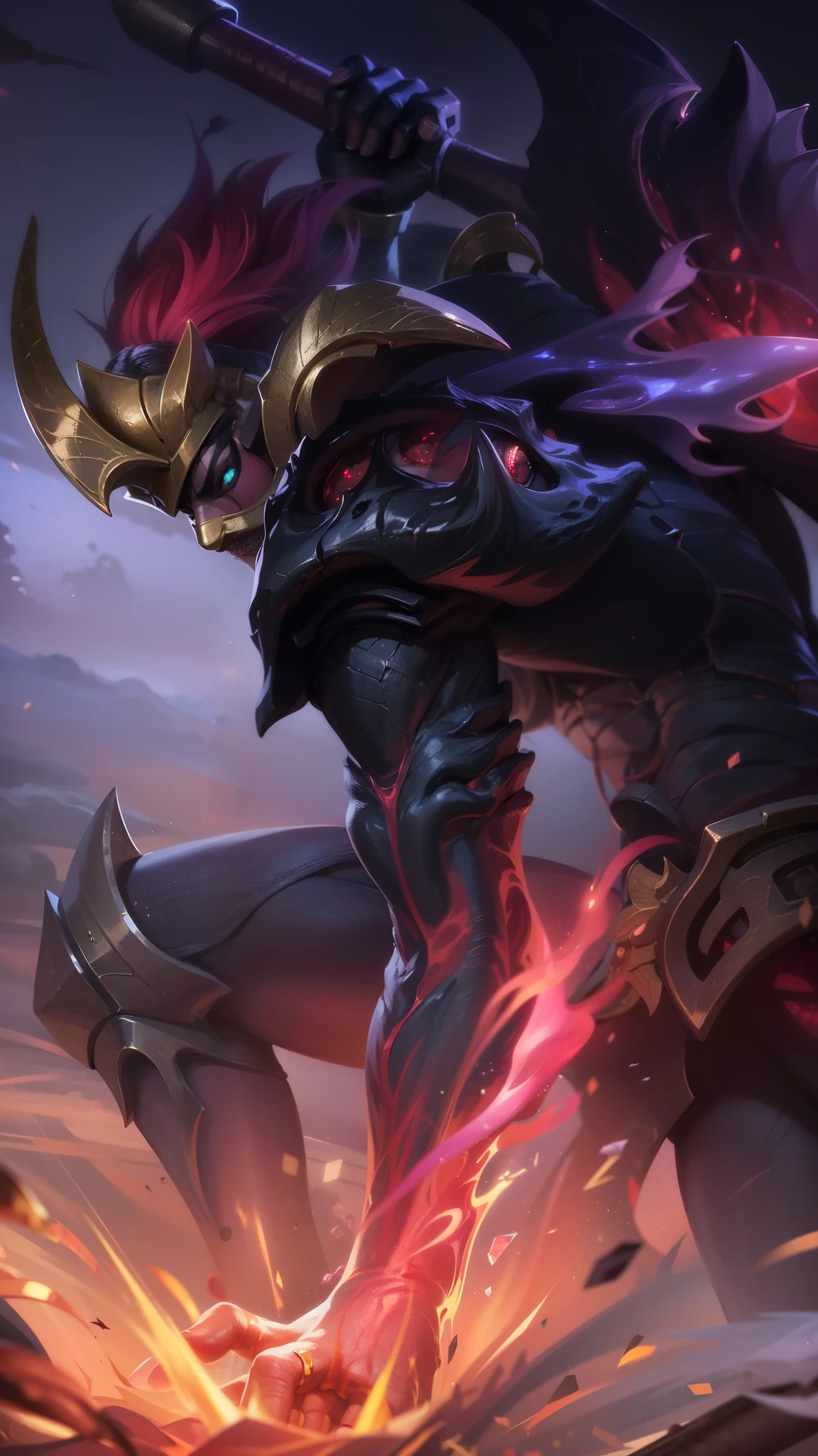 a close up of a person with a sword and a fire, masculine male, masterpiece, ((perfect eyes)) best quality, (semirealism:1.9), beautiful lighting, (extremely detailed CG unity 4k fhd wallpaper), High Detail, Sharp focus, dramatic outdoors, red short hair, Boy with two big horns, red eyes, Thick eyebrows, evil smile, grinning, red body, Burning skin, yellow diamonds glistening on chest, burning red skin, golden robe behind, big white belt, 8k, realistic, scary, strong red eye glow (red eye:1.2).