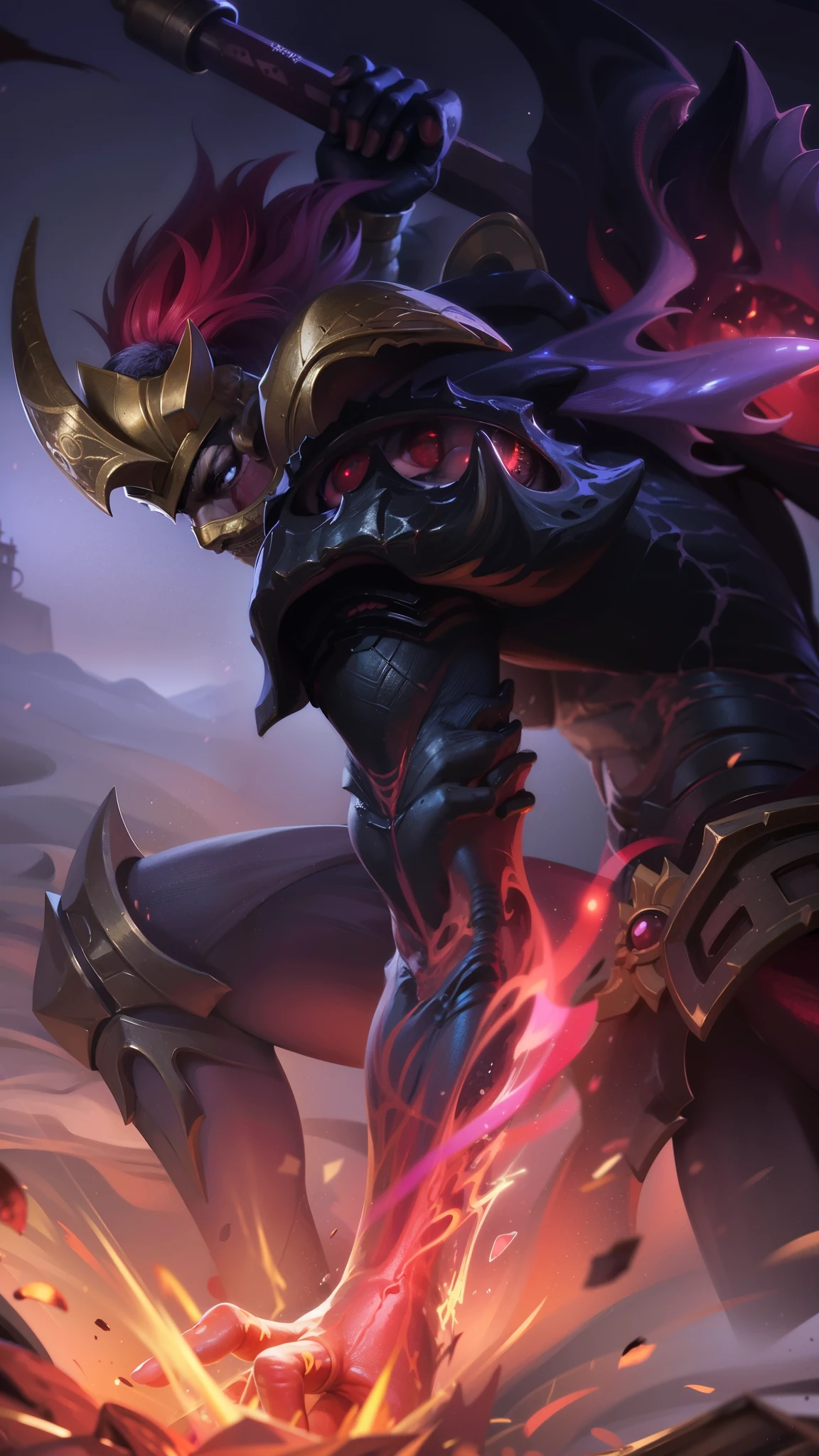 a close up of a person with a sword and a fire, masculine male, masterpiece, ((perfect eyes)) best quality, (semirealism:1.9), beautiful lighting, (extremely detailed CG unity 4k fhd wallpaper), High Detail, Sharp focus, dramatic outdoors, red short hair, Boy with two big horns, red eyes, Thick eyebrows, evil smile, grinning, red body, Burning skin, yellow diamonds glistening on chest, burning red skin, golden robe behind, big white belt, 8k, realistic, scary, strong red eye glow (red eye:1.2).
