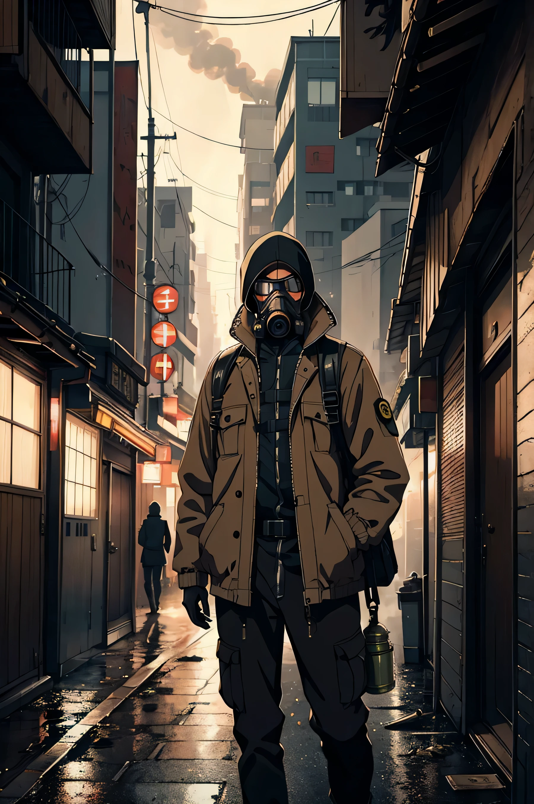 man wearing gas mask , brown jacket , black pants , is in a apocalyptic city , handrawn , japanese animation, 4k high ultra quality