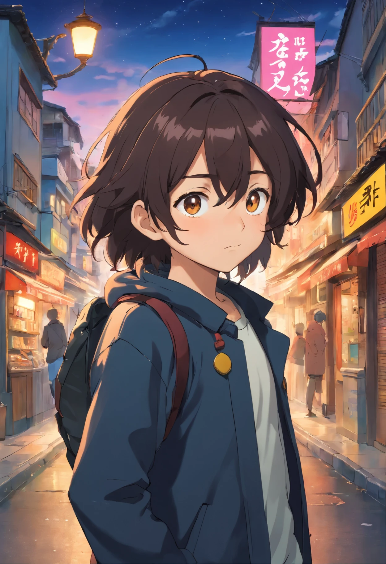 Medium height boy, with dark, messy hair that falls over her forehead. Your eyes are expressive, usually conveying determination and compassion. His skin is slightly tanned due to the time he spent outdoors. He has an athletic appearance , he is wearing a black coat, a white blouse and black pants and black sandals