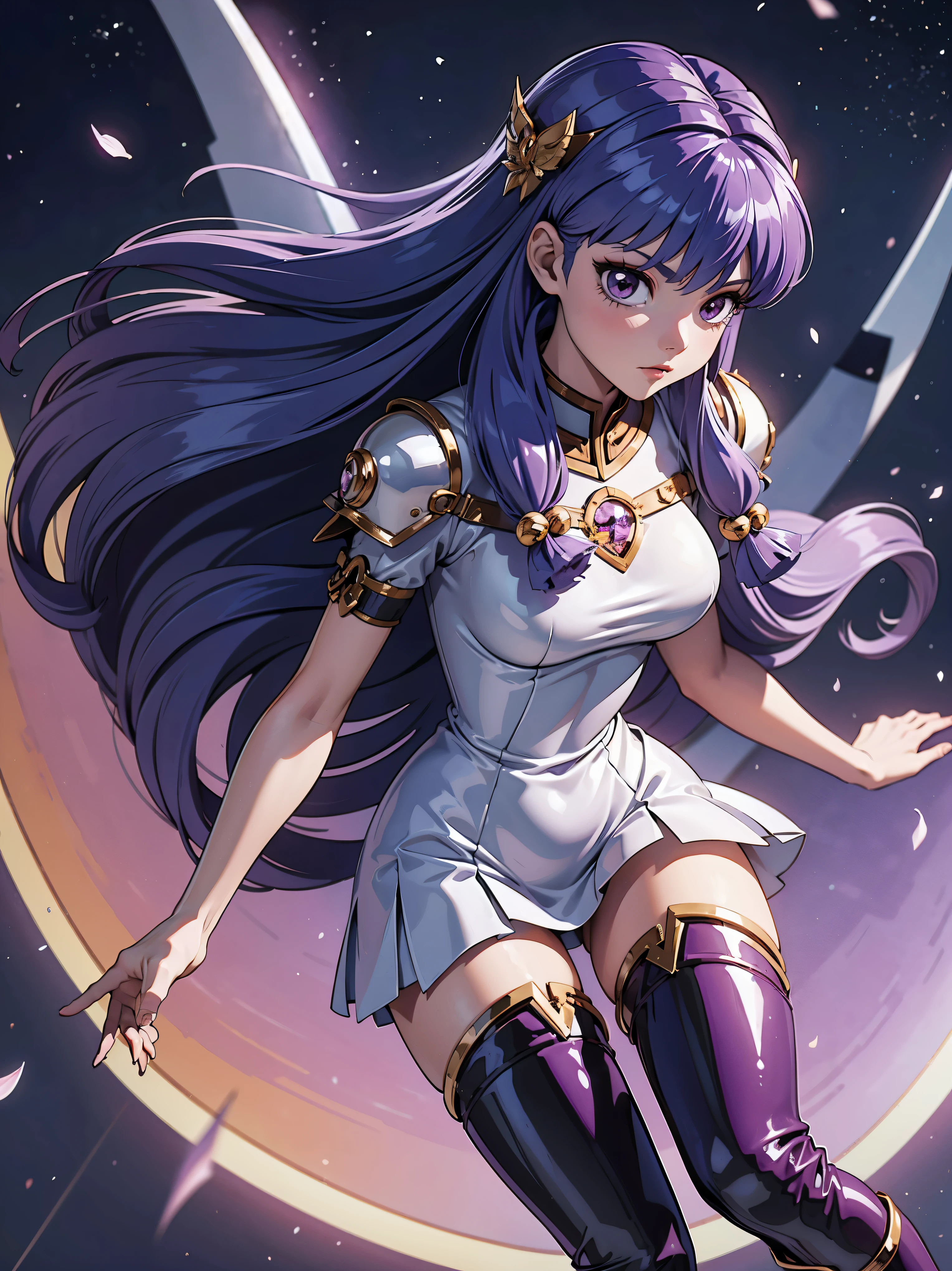 Purple hair anime girl with purple metallic armor, 16 anos, corpo bonito, seios grandes, postura de luta, postura de combate, garota sexy, purple hair with braid, beautiful lighting, sombras suaves, olhos azuis, pernas bonitas, estilo anime, personagem shampoo, Autora Rumiko Takahashi, Baseado em obra de Rumiko Takahashi, Anime Ranma 1/ 2, decote sexy, quadril robusto, corpo inteiro, corpo completo, busto grande, garota jovem com corpo belo e bonito, garota 16 anos jovem baixa estatura, purple metallic armor dress, garota anime, estilo anime, red hair with braid, luz bonita, Gleaming metal armor, corpo completo, black boots on feet, purple hair, segurando espada nos ombros, 45º viewing angle, botas longas nos pes, botas pretas