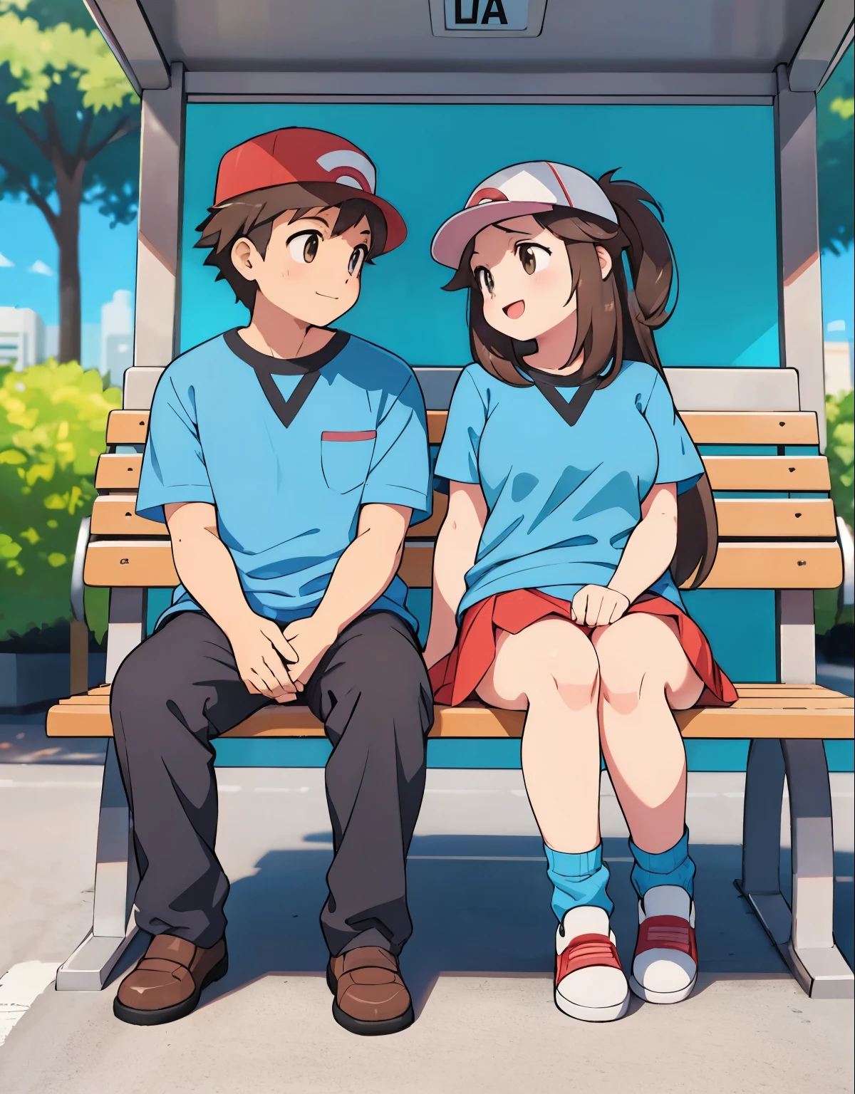 Leaf pokemon sitting at the bus stop with her boyfriend, he is wearing a red skirt, blue shirt, brown eyes, loose socks, white footwear, upskirt, body shape, chubby thighs and and the boy is wearing a red pokemon trainer outfit,  both talking and having a good time. illustration, vibrant colors, detailed eyes, detailed lips, street scene, urban environment, sunlight, happy atmosphere, casual clothing, summer vibes, young couple, relaxed posture, animated conversation, love and affection, public transportation, modern setting, city life, surrounding buildings, trees, bustling crowd, contemporary art style, warm tones. (best quality, highres, vivid colors, ultra-detailed, realistic:1.37), street photography, natural lighting.