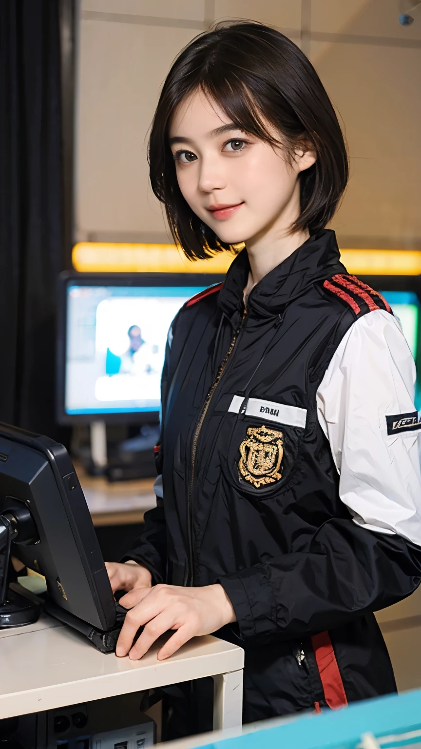 164
Shorthair, (a 20 yo woman, standing), A hyper-realistic, gentle smile, sci-fi cool suit, (口紅), in the cockpit of an old fashioned fighter aircraft