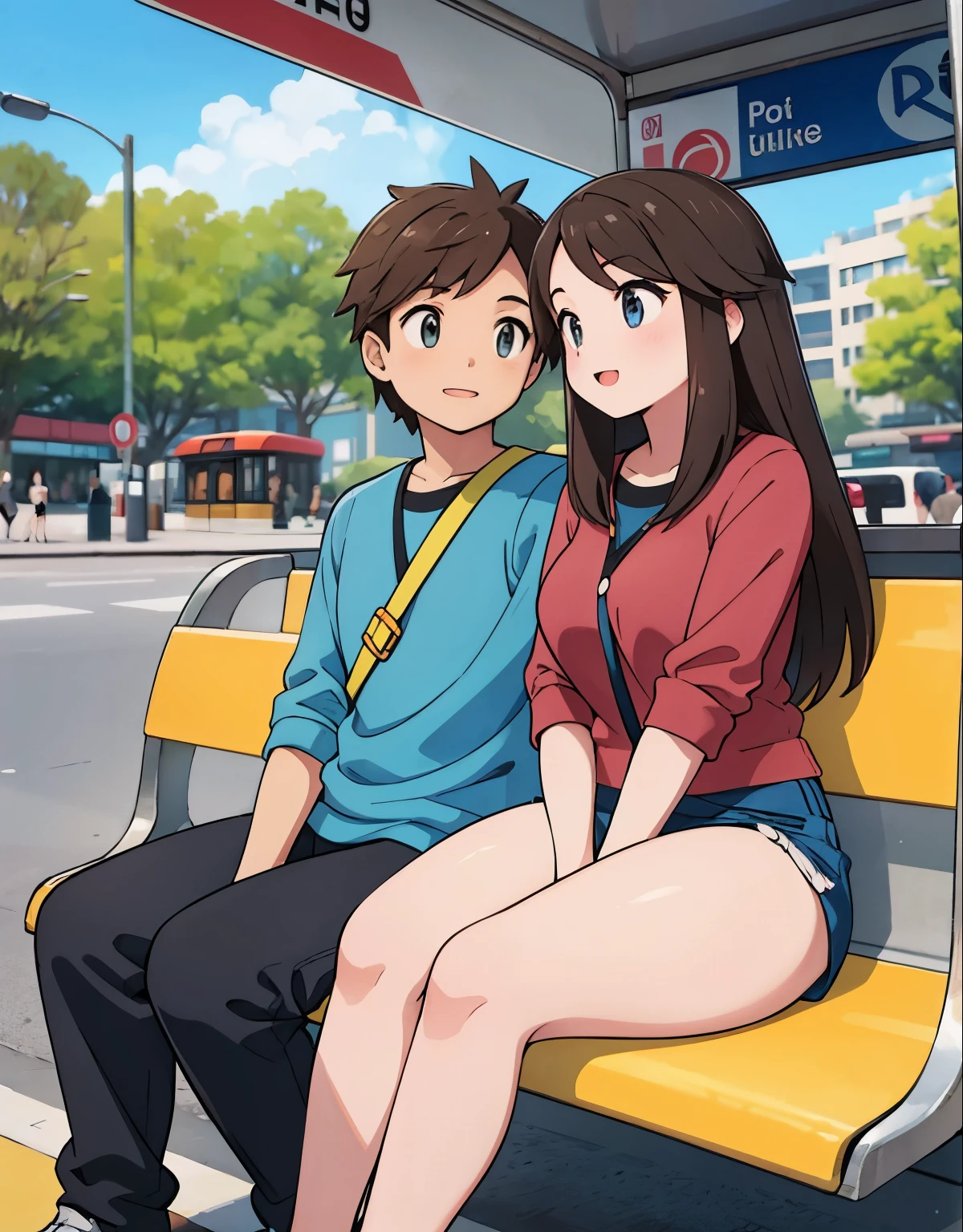 Leaf pokemon sitting at the bus stop with her boyfriend, both talking and having a good time. illustration, vibrant colors, detailed eyes, detailed lips, street scene, urban environment, sunlight, happy atmosphere, casual clothing, summer vibes, young couple, relaxed posture, animated conversation, love and affection, public transportation, modern setting, city life, surrounding buildings, trees, bustling crowd, contemporary art style, warm tones. (best quality, highres, vivid colors, ultra-detailed, realistic:1.37), street photography, natural lighting.