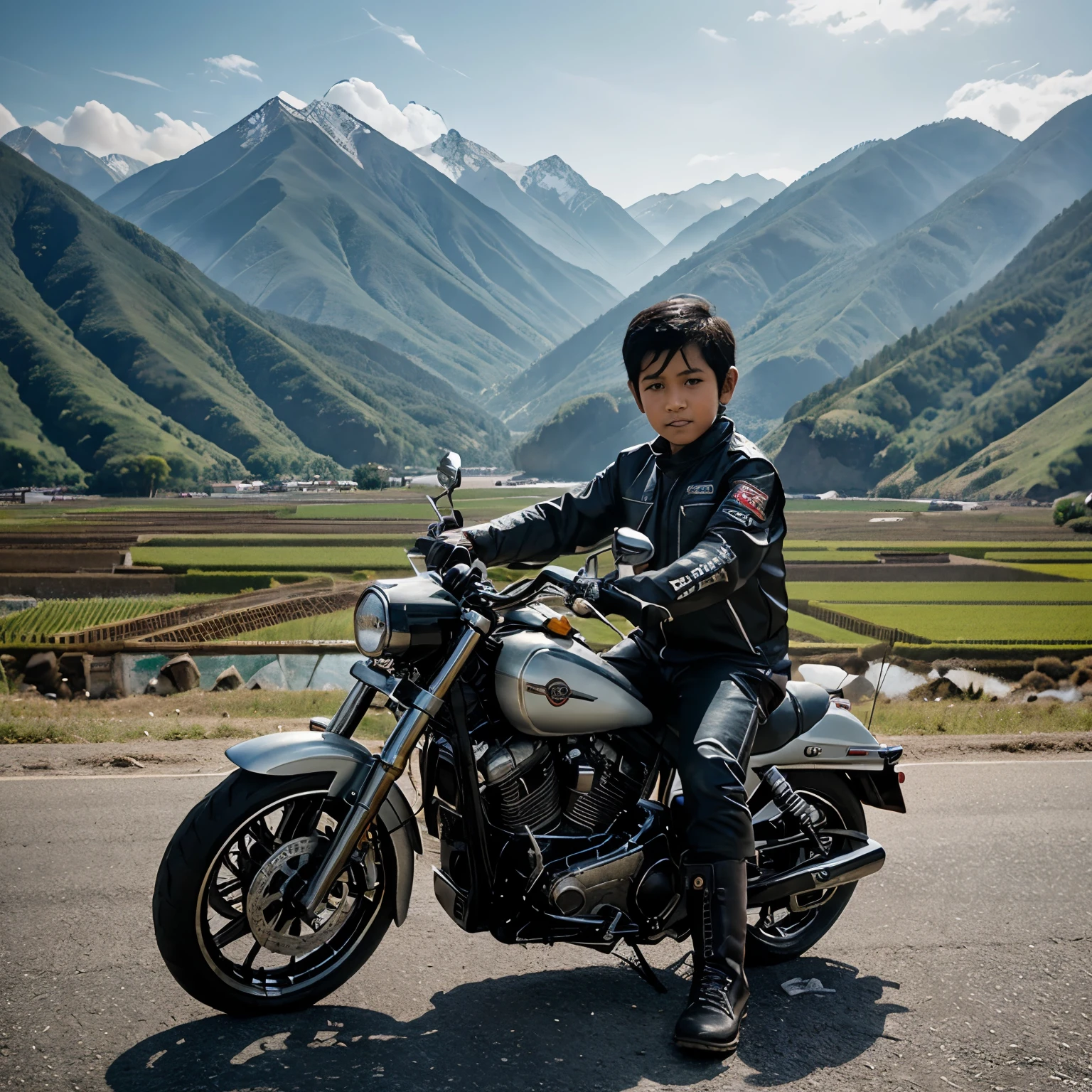 Real face of Indonesia, 5 boy, short black hair, riding harley davidson, wearing racing costume and boots, background of mountains and village with rice fields, name on the jacket is "NAZRA", professional
art photography, looks detailed and real, ultra HD resolution