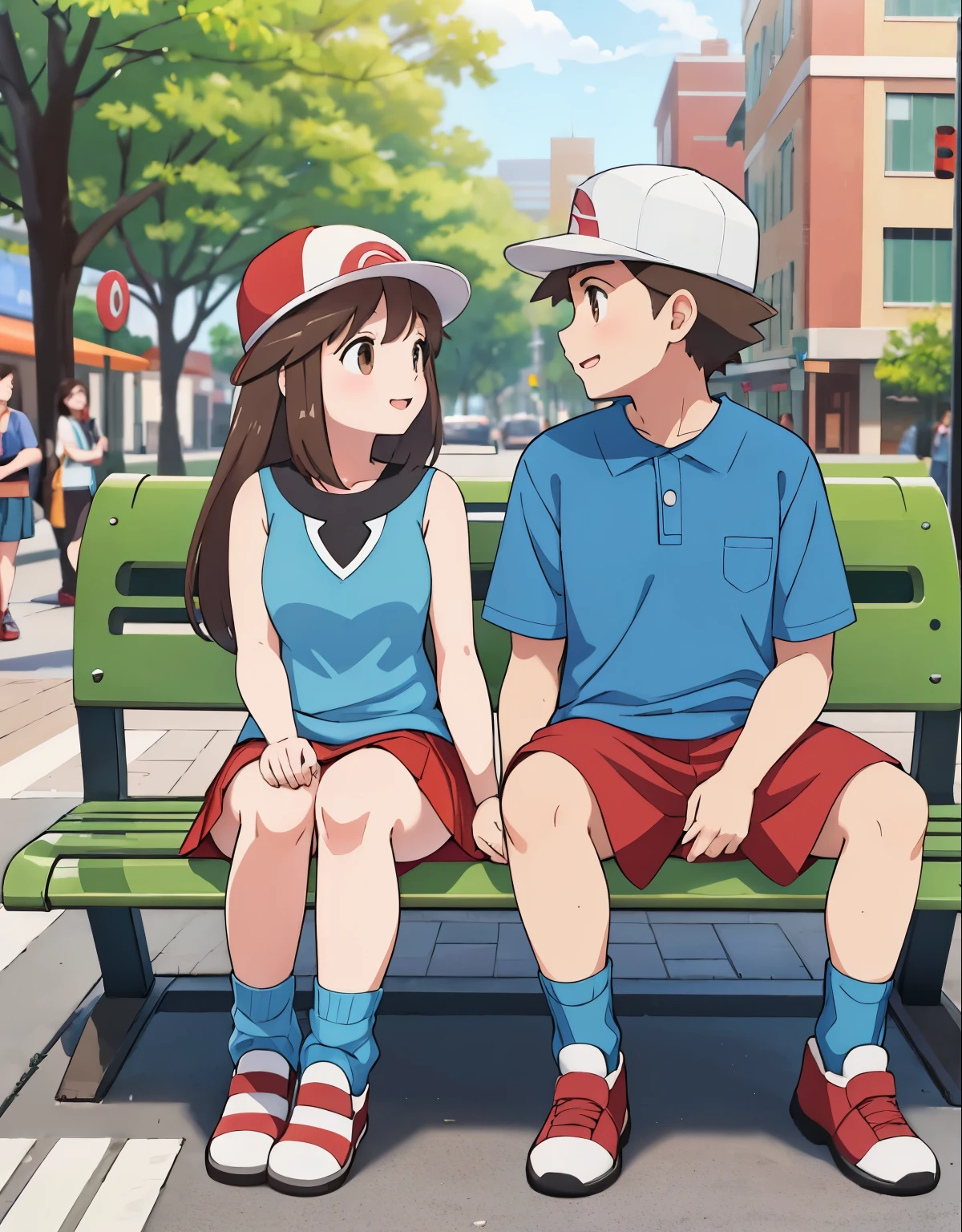 Leaf pokemon sitting at the bus stop with her boyfriend, he is wearing a red skirt, blue shirt, brown eyes, loose socks, white footwear, upskirt, body shape, chubby thighs and and the boy is wearing a red pokemon trainer outfit, both talking and having a good time. illustration, vibrant colors, detailed eyes, detailed lips, street scene, urban environment, sunlight, happy atmosphere, casual clothing, summer vibes, young couple, relaxed posture, animated conversation, love and affection, public transportation, modern setting, city life, surrounding buildings, trees, bustling crowd, contemporary art style, warm tones. (best quality, highres, vivid colors, ultra-detailed, realistic:1.37), street photography, natural lighting.