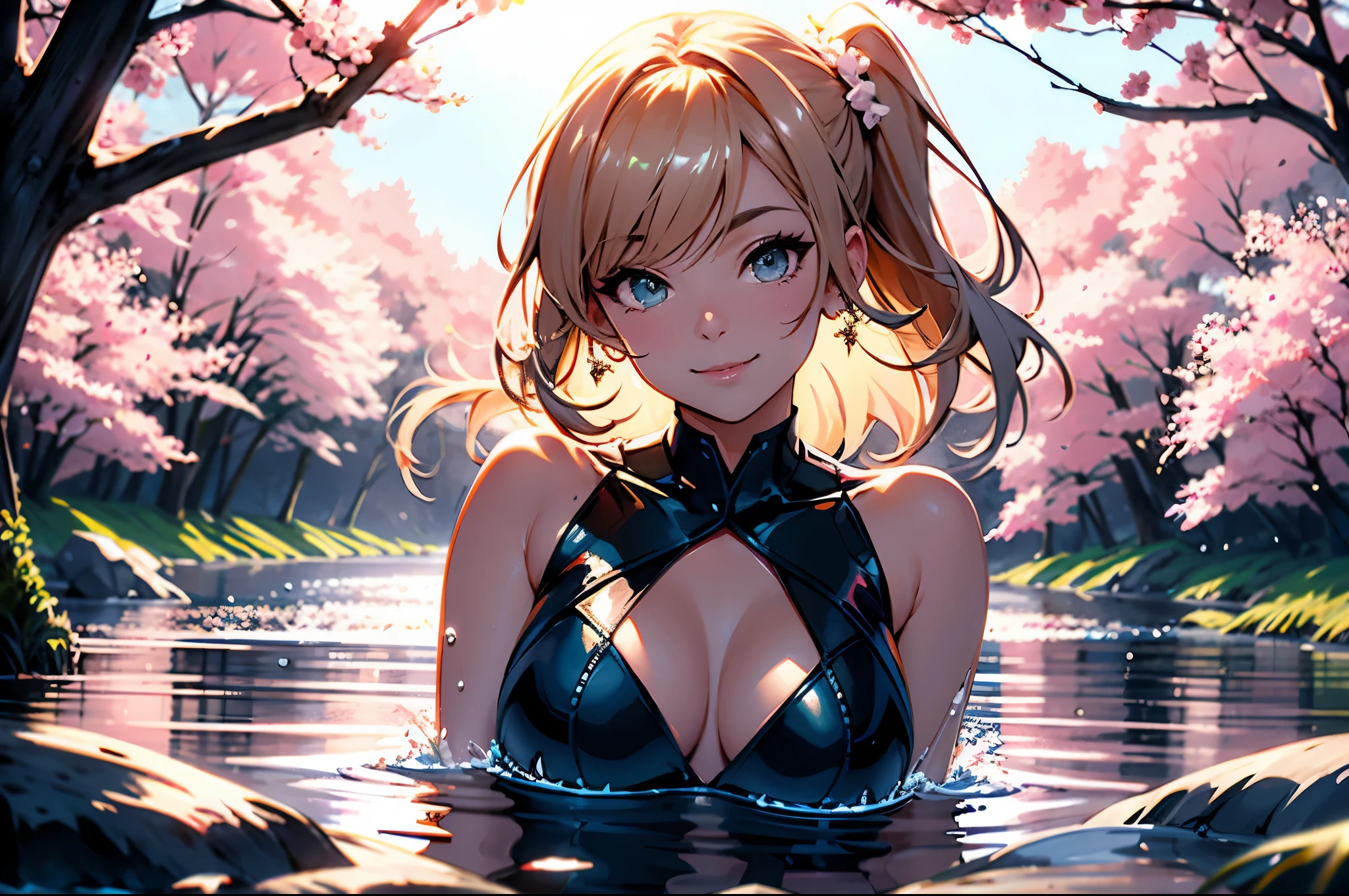 sharp focus, detailed outfit, key visual,1girl, ((sharp focus)), (depth of field), cinematic lighting, vivid and vibrant colors, 1 girl, perfect face, cute face, cute smile, floating on a lake, laying on back in water, iridescent long hair, pink cherry blossoms floating on water, crystal clear water, wearing swimsuit, ripples in the water, golden hour, warm glow, cinematic lighting, beautiful scenery