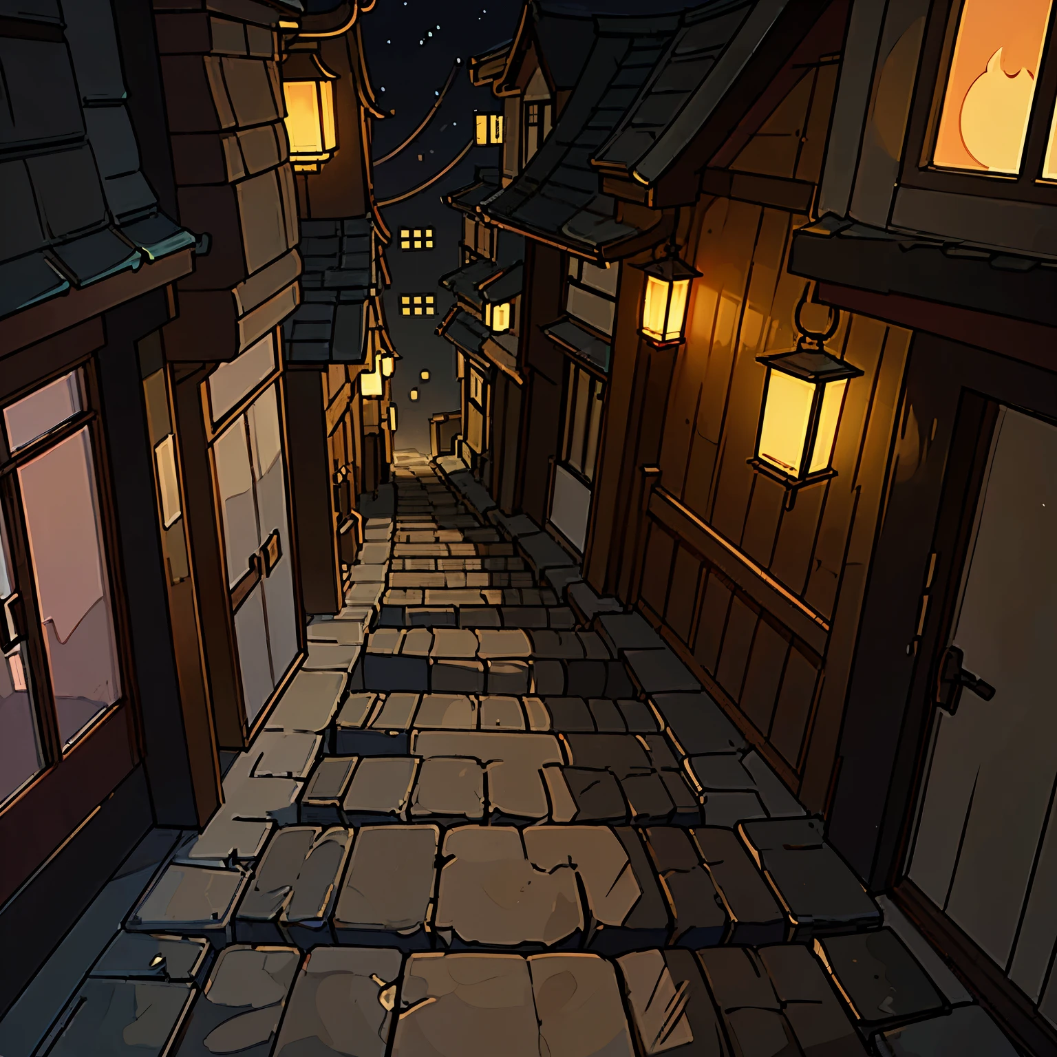 Semi top View, Old Japanese building, high building, the lights are dim, 1 point perspective, night, small alley, stone road