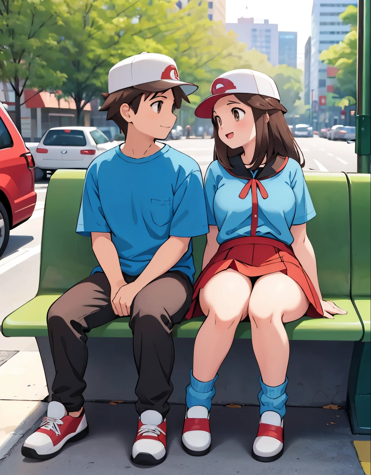 Leaf pokemon sitting at the bus stop with her boyfriend, he is wearing a red skirt, blue shirt, brown eyes, loose socks, white footwear, upskirt, body shape, chubby thighs and and the boy is wearing a red pokemon trainer outfit,  both talking and having a good time. illustration, vibrant colors, detailed eyes, detailed lips, street scene, urban environment, sunlight, happy atmosphere, casual clothing, summer vibes, young couple, relaxed posture, animated conversation, love and affection, public transportation, modern setting, city life, surrounding buildings, trees, bustling crowd, contemporary art style, warm tones. (best quality, highres, vivid colors, ultra-detailed, realistic:1.37), street photography, natural lighting.