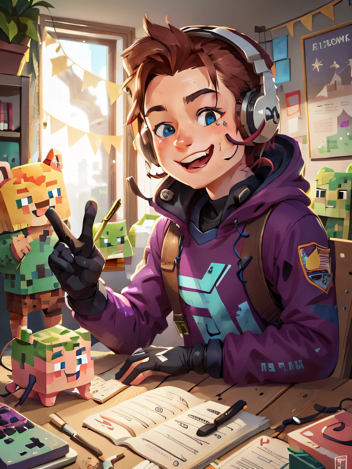 Garçon de joueur souriant, des mains parfaites, Clavier RVB, Ordinateur de joueur, casque, Image de profil, jouer à Minecraft, direct