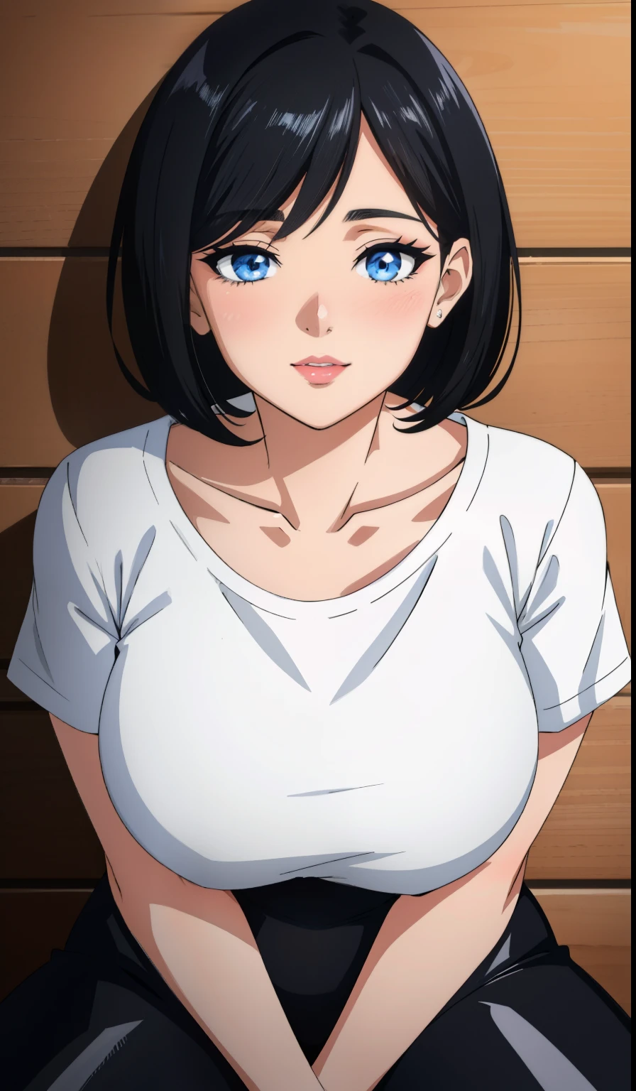 Sexy and cute woman, short black hair, bob style, plump face, seductive blue eyes, medium nose, deep pink blush, glossy red lips smiling, long neck, visible collarbone, white t shirt with black graphics tucked into shiny black pants, pinned against a wooden wall, natural lighting, intimate moment