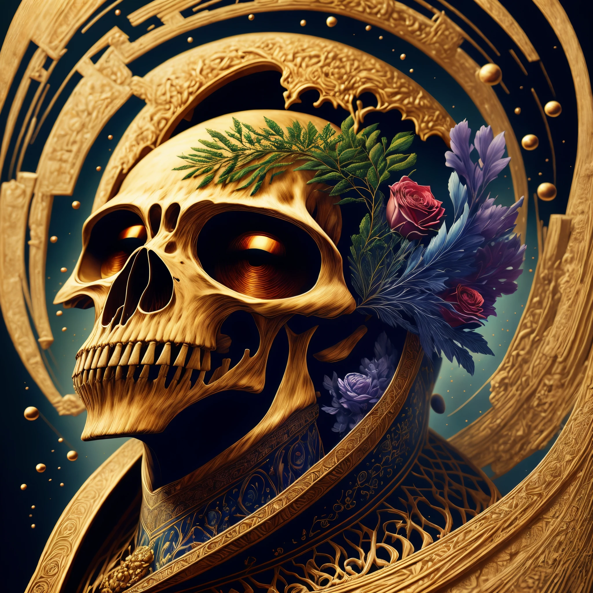 （skeleton head）， It&#39;s very detailed，（arte fractal：1.2），simetria central, Extremamente colorido, The main thing is very (galaxy roses), Mais detalhado， (fundos abstratos:1.5),  (muitas cores:1.4), (fotorrealista:1.2), (profundidade de campos), ((melhor qualidade,4k,8K,A high resolution, obra de arte:1.2)),