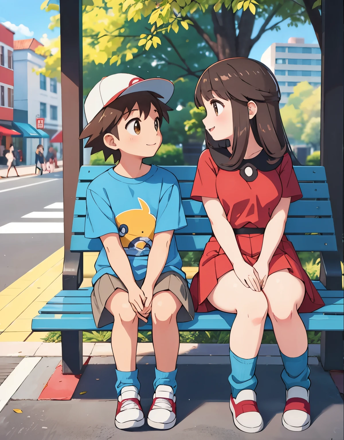 Leaf pokemon sitting at the bus stop with her boyfriend, he is wearing a red skirt, blue shirt, brown eyes, loose socks, white footwear, upskirt, body shape, chubby thighs and and the boy is wearing a red pokemon trainer outfit, he touching her legs, both talking and having a good time, loved. illustration, vibrant colors, detailed eyes, detailed lips, street scene, urban environment, sunlight, happy atmosphere, casual clothing, summer vibes, young couple, relaxed posture, animated conversation, love and affection, public transportation, modern setting, city life, surrounding buildings, trees, bustling crowd, contemporary art style, warm tones. (best quality, highres, vivid colors, ultra-detailed, realistic:1.37), street photography, natural lighting.