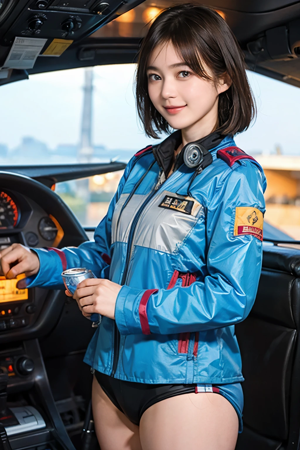 164
Shorthair,  (a 20 yo woman, standing), A hyper-realistic, gentle smile, sci-fi cool suit, (口紅),  in the cockpit of an old fashioned fighter aircraft