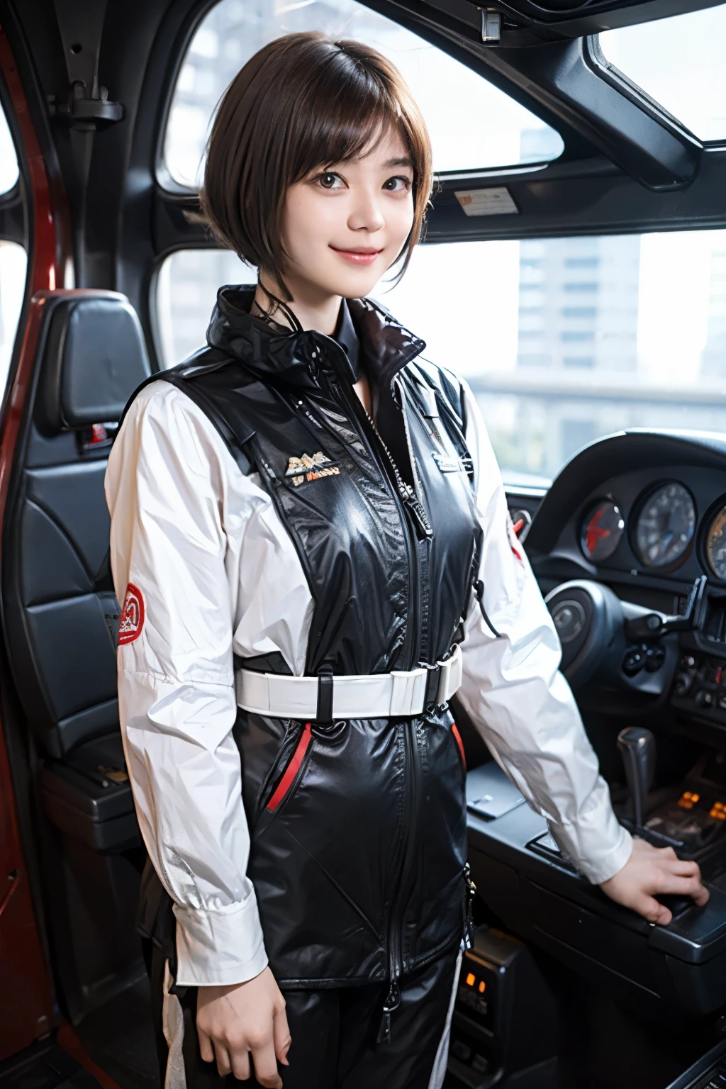 164
Shorthair,  (a 20 yo woman, standing), A hyper-realistic, gentle smile, sci-fi cool suit, (口紅),  in the cockpit of an old fashioned fighter aircraft