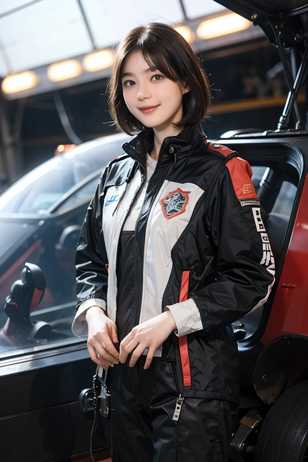 164
Shorthair, (a 20 yo woman, standing), A hyper-realistic, gentle smile, sci-fi cool suit, (口紅), in the cockpit of an old fashioned fighter aircraft