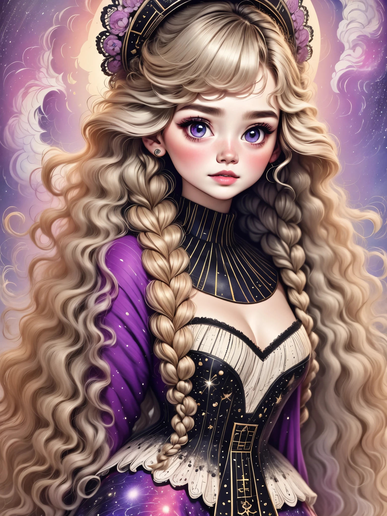 (best quality,4k,8k,highres,masterpiece:1.2), ultra-detailed, physically-based rendering, realistic, portraits, blonde hair, black eyes, vibrant colors, studio lighting, sharp focus, long hair flowing, intricate details, 2 braids, beautiful detailed lips, mesmerizing gaze, flawless complexion, feminine features, delicate shoulders, youthful appearance, enchanting presence,(best quality, masterwork, top quality, watercolor curled, official art, appealing:1.2), (1 girl in:1.3), (fractal art:1.3), upper body, sideways view, looking at the viewer, patterns, (colorful hair, half blonde and half silver:1.2), water, galaxy:1.37, liquid, clouds, vibrant colors, starry sky, stone monument, tarot cards, fairy, lipstick, rosy complexion, purple eyes, dreamy:1.37, with a highly colorful and captivating kawaii gothic style...)