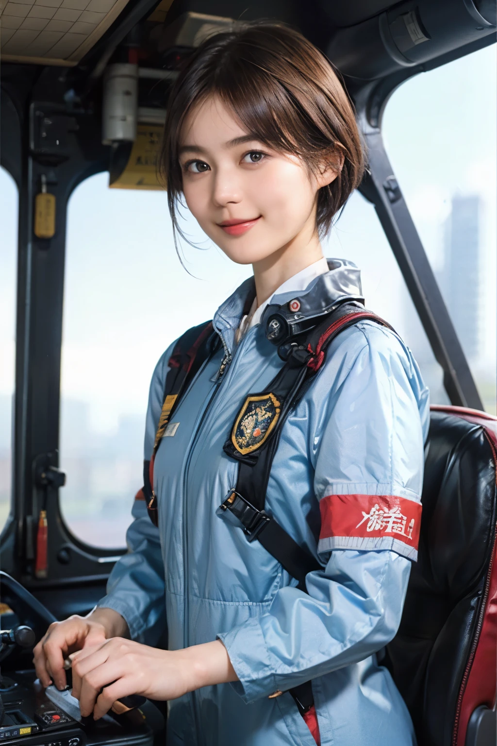 164
Shorthair, (a 20 yo woman, standing), A hyper-realistic, gentle smile, sci-fi cool suit, (口紅), in the cockpit of an old fashioned fighter aircraft