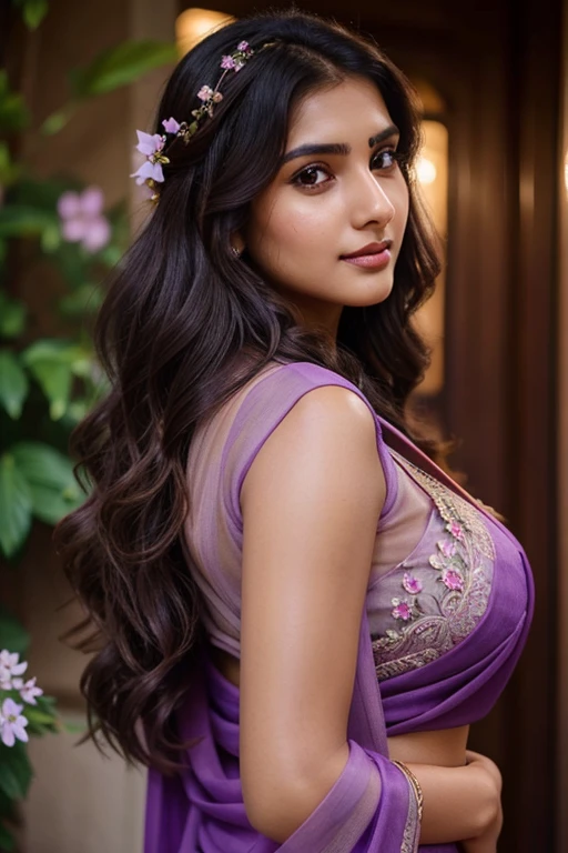 Beautiful ,23 years young girl,confident looking,8k,realistic,dark brown hair,fair skin, indian,long hair,clear facial features, showing cleavage, wearing beautiful purple saree and flowers 🌷🌹and hairs on face make it  effect, front side face