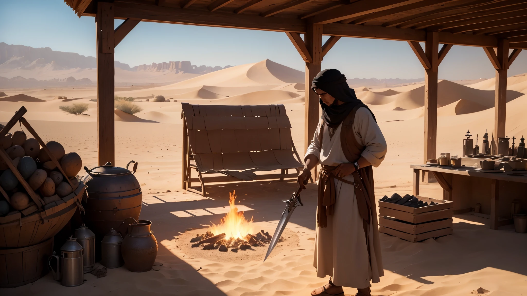 Art Prompt:

Title: "Forging Faith in the Desert Sands"

Description:
In the vast desert sands surrounding Mecca during the 9th century, a modest blacksmith shop emerges amidst the arid landscape, its presence a beacon of industry and craftsmanship. Here, amidst the golden dunes and shimmering heat, a young Arab kid, resembling a youthful Khaled Zahabi, stands before an ancient forge, diligently forging a sword.

Dressed in traditional desert Arab attire, the young blacksmith embodies the spirit of resilience and determination that defines the people of the region. With focused eyes and steady hands, he works the glowing metal with precision, each strike resonating with the echoes of generations past.

The blacksmith shop itself is simple yet sturdy, constructed from weathered stones and timbers collected from the surrounding desert. Inside, the air is thick with the smell of burning charcoal and the sound of clanging metal, creating a rhythmic symphony that harmonizes with the desert winds.

Outside the shop, the vast expanse of the desert stretches endlessly into the horizon, its golden hues illuminated by the warm glow of the setting sun. Despite the harshness of the environment, life thrives here, sustained by the resilience and ingenuity of its inhabitants.

As the young blacksmith continues his work, shaping and tempering the metal with care, he channels the spirit of his ancestors, forging not just a sword but also a testament to the enduring strength and faith of the desert people.