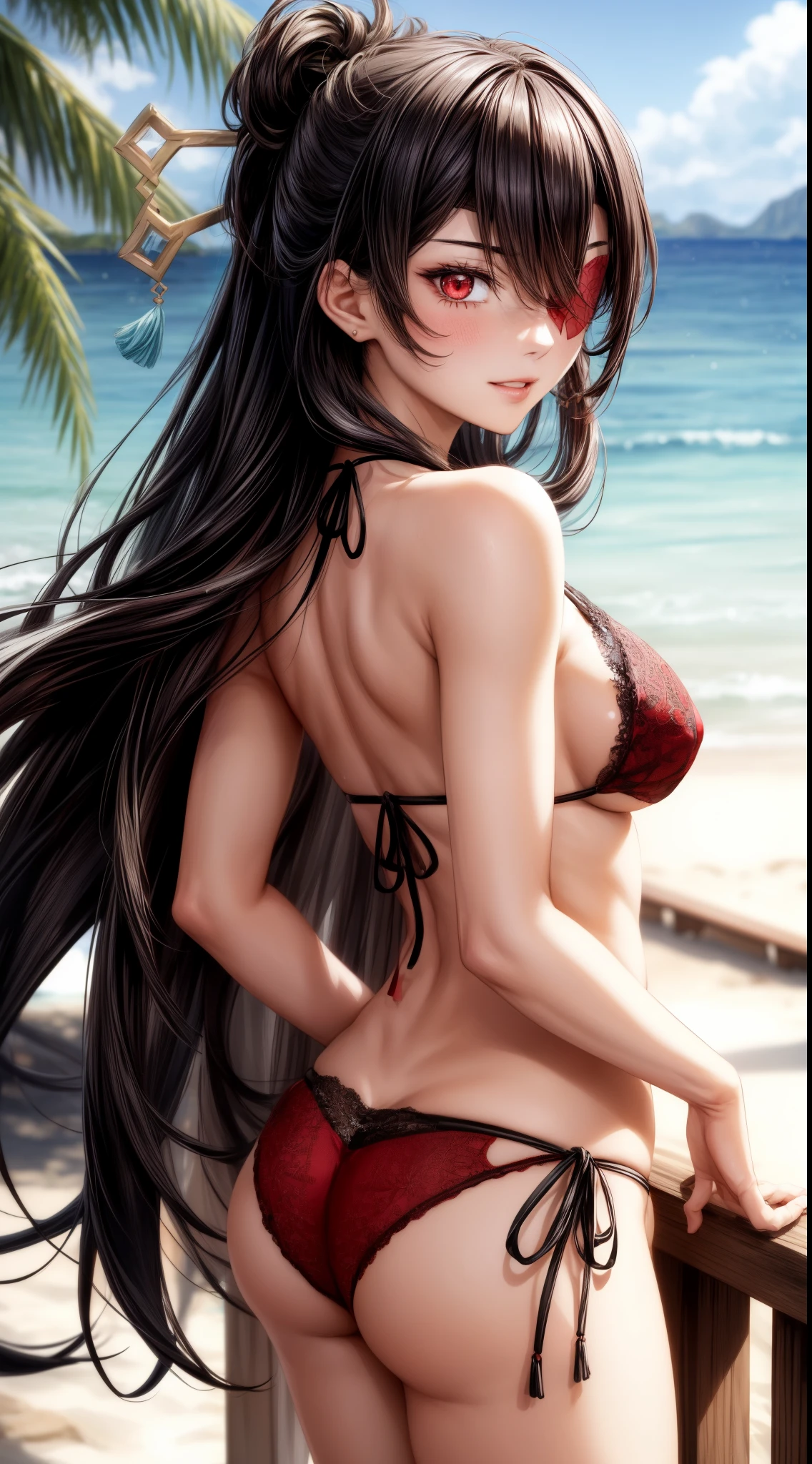 anime, beautiful face, highly detailed face, (2 accurate legs:1), red detailed eye, (red eye patch:1.1), highly detailed beach background, perfect lighting, best lighting, (no shadows:1.2), 1girl, solo, outdoors, genshin impact, beidou, (beautiful black hair:1.1), absurdres, high res, ultrasharp, 8K, masterpiece, looking at viewer, teasing smile, facial expressions full of love, BREAK (detailed sexy beach bikini:1.4), (all intricate lace:1.2), sexy pose, (arching back:1.2), extremely close up, standing up