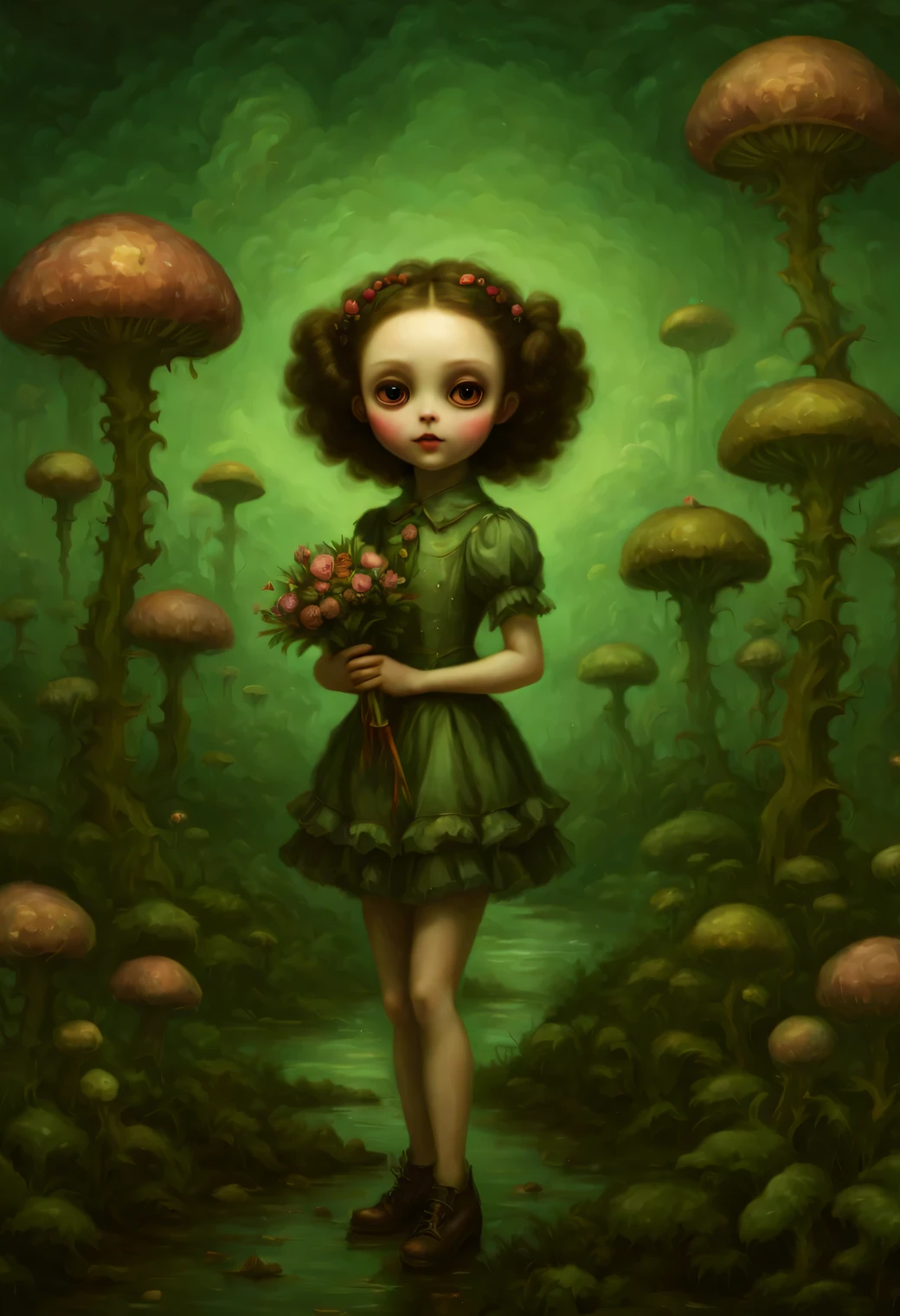 The neural network draws a picture against the background of Bioluminescent plants of another unknown world, heroic creature - a girl of an unknown alien life form in beautiful clothes with a bouquet of alien flowers in her hand against the background of alien bioluminescent vegetation, the alien girl looks unusual and majestic, beautiful alien clothes, slim tall build, Developed muscles, long legs, glowing green eyes, A high resolution, High detail, clarity 32 thousand., A high resolution, 64-bit color depth, Oil Painting Effect Painting, (Mark Ryden: 1.5155), (Xue Wang: 1.1155), bulk, Beautiful Image, High detail