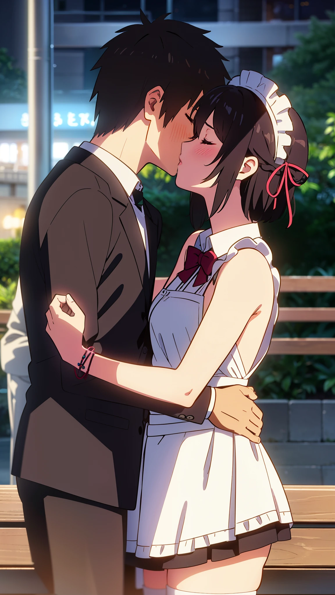 shinkai makoto, kimi no na wa., 1girl, 1boy, bangs, black hair, blush, (boy wear Suspender Clothes), ((girl wear maid dress, short dress), maid, apron, maid headdress), bow, ribbon, short hair, cute, love, couple, adorable, Off-the-shoulders, dating, (((kiss, deep kiss))), closed eyes, bracelet, passionate hug, night, nightcity, park, cloudy, sitting on the bench together, dynamic lights