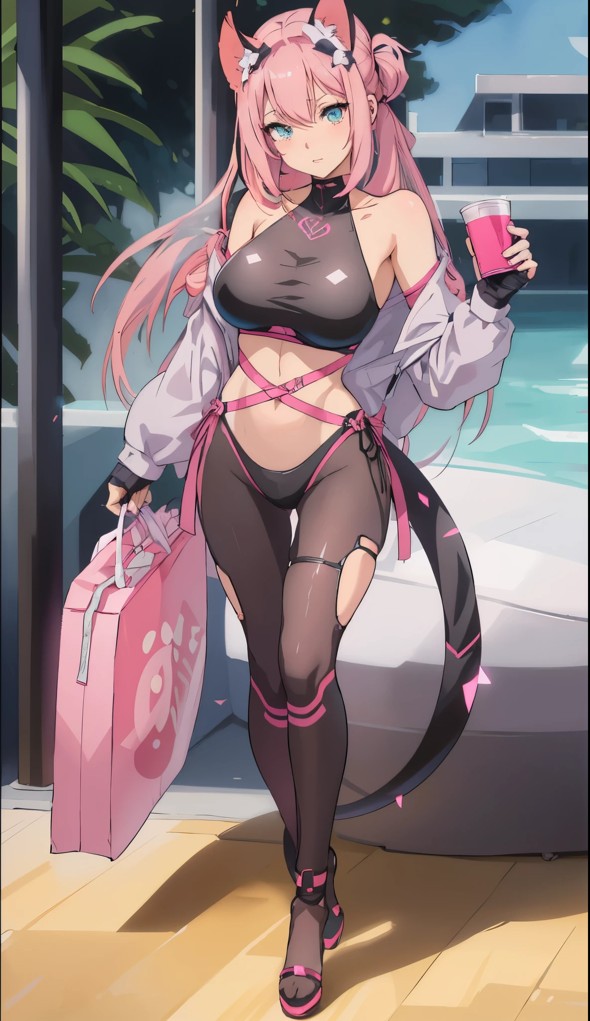 anime girl with pink hair and black outfit holding a pink bag, commission for high res, oc commission, fullbody commission for, sfw version, anya from spy x family, (sfw) safe for work, attractive cat girl, pink twintail hair and cyan eyes, highly detailed exquisite fanart, from girls frontline, beautiful anime catgirl, is wearing a swimsuit