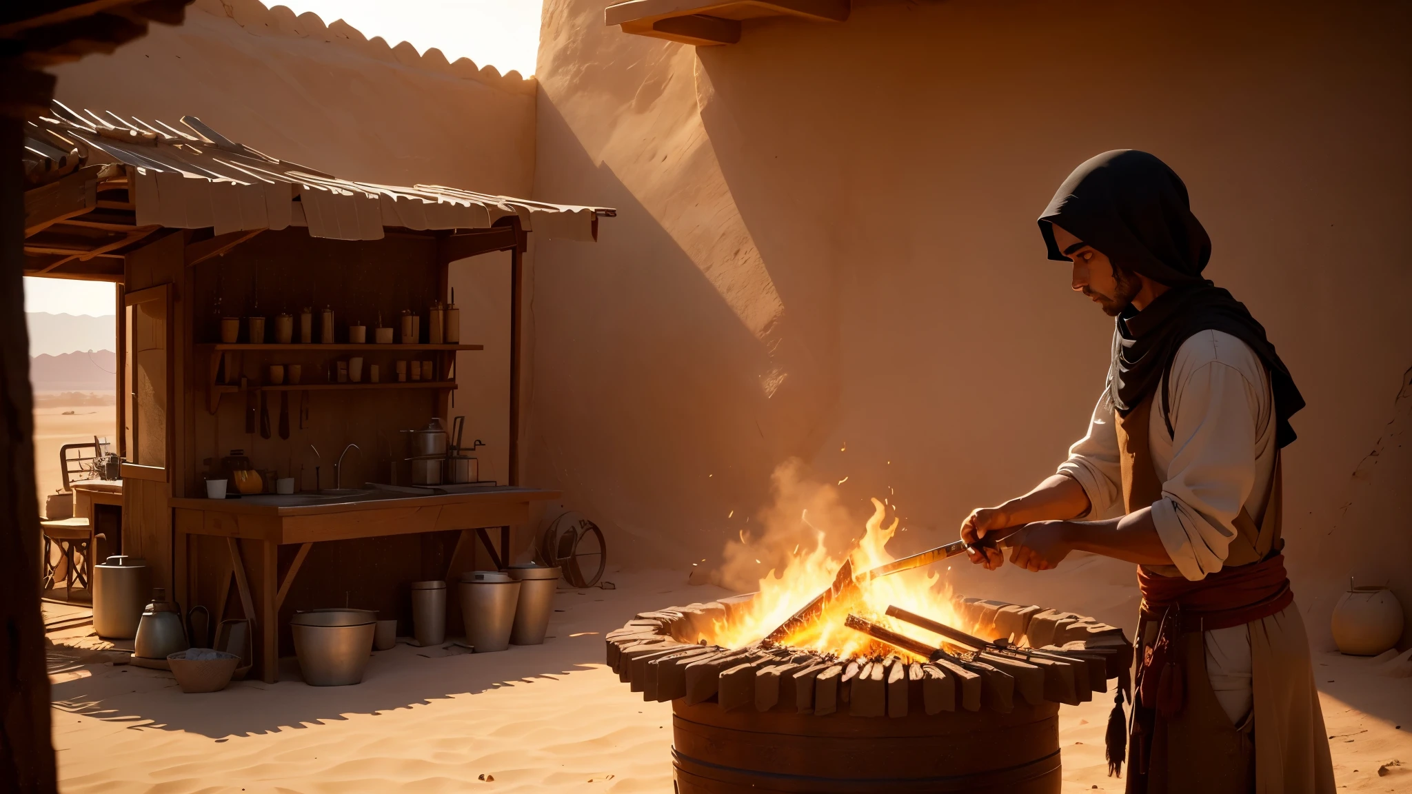 Art Prompt: Title: "Forging Faith in the Desert Sands" Description: In the vast desert sands surrounding Mecca during the 9th century, a modest blacksmith shop emerges amidst the arid landscape, its presence a beacon of industry and craftsmanship. Here, amidst the golden dunes and shimmering heat, a young Arab kid, resembling a youthful Khaled Zahabi, stands before an ancient forge, diligently forging a sword. Dressed in traditional desert Arab attire, the young blacksmith embodies the spirit of resilience and determination that defines the people of the region. With focused eyes and steady hands, he works the glowing metal with precision, each strike resonating with the echoes of generations past. The blacksmith shop itself is simple yet sturdy, constructed from weathered stones and timbers collected from the surrounding desert. Inside, the air is thick with the smell of burning charcoal and the sound of clanging metal, creating a rhythmic symphony that harmonizes with the desert winds. Outside the shop, the vast expanse of the desert stretches endlessly into the horizon, its golden hues illuminated by the warm glow of the setting sun. Despite the harshness of the environment, life thrives here, sustained by the resilience and ingenuity of its inhabitants. As the young blacksmith continues his work, shaping and tempering the metal with care, he channels the spirit of his ancestors, forging not just a sword but also a testament to the enduring strength and faith of the desert people.