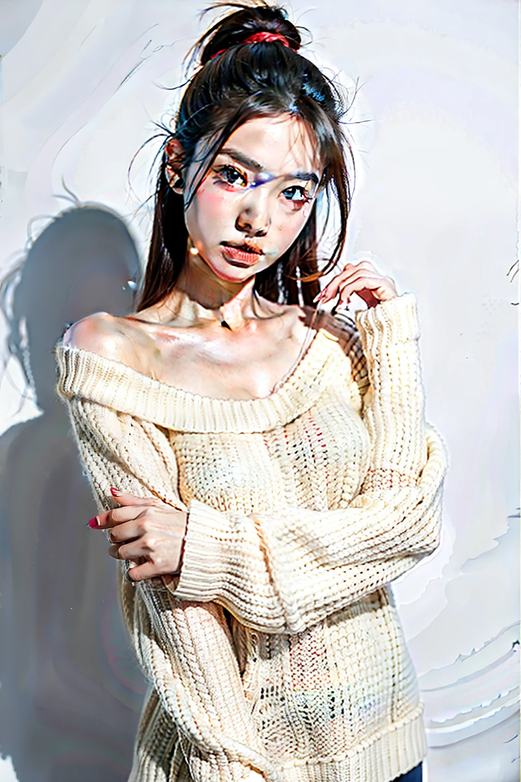 1girl,sweater,white background,