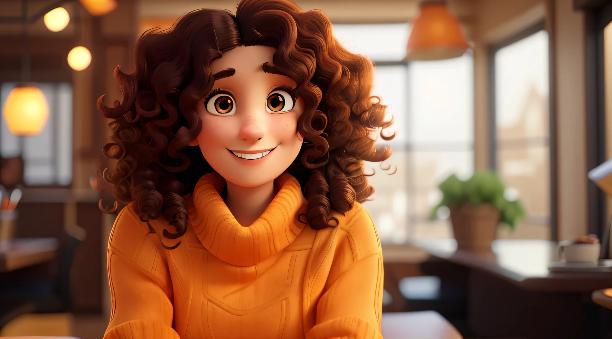 mulher de 28 anos, com um leve sorriso, cabelo cacheado e gola alta laranja, estilo disney pixar