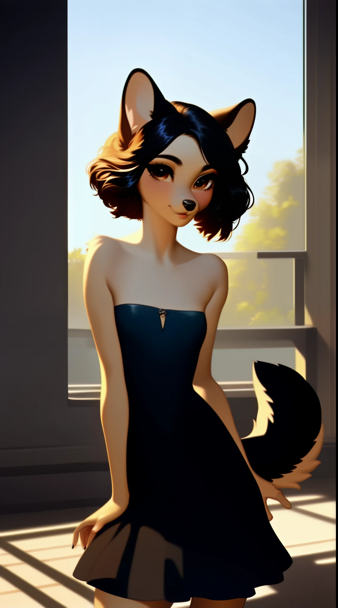 (score_9), (source_ derpibooru_p_95),m, ((cute young anthro canine :1.1)), (black shoulderless dress), blushing, ager, cute look, solo, long dark hair, anatomically correct, flat chest , high res, extremely detailed, adorable, ribs, hip bones, living room, 1girl, absurd resolution, moonlight, cute nose, cute snout, realistic hair, fluffy ears, skinny waist, fancy hair, young,