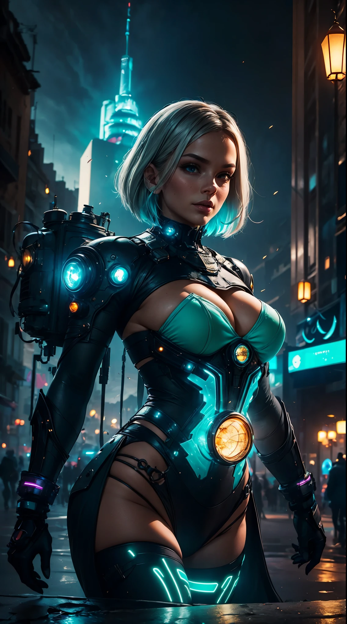 Tia is shown to have a fairly slender figure. She has white-grey hair , she has short hair and large pale green eyes, The girl appears elegantly in a public square in a city of the distant future, wearing technical clothing with an innovative design and sparkling colors.  The lantern she holds features modern technologies and futuristic geometric shapes, sparkling with neon colors that emit light that illuminates the surrounding square in multiple colors.  The lantern is decorated with advanced technological patterns that reflect the spirit of celebrating the month of Ramadan.  The background highlights stately buildings, illuminated entrances and squares sparkling with moving lights and amazing visual effects.  As the girl proudly holds the lantern amid this stunning futuristic environment, she looks brave and radiant, reflecting the spirit of celebration and joy of the arrival of Ramadan in the enlightening city, cyberpunk city. , cleavage exposed, medium breasts, superior quality, many details, Puri focus  Sharp and realistic