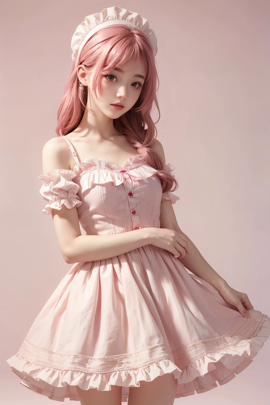 Super delicate cute girl wearing a ta dress with pink hair. 8K ultra-high image quality, delicate texture, pure white background.