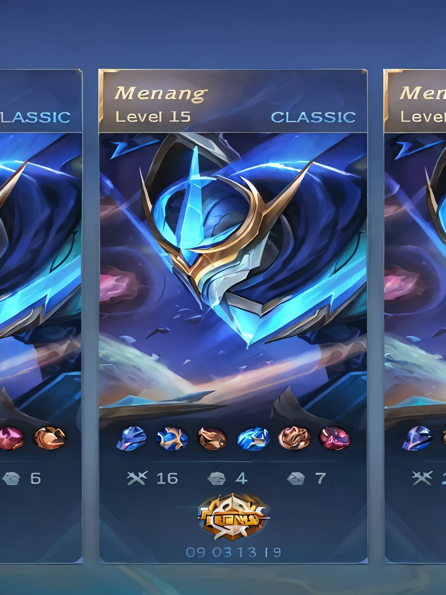 three screens of a hero card with a blue and gold design, iconic character splash art, style of league of legends, style league of legends, league of legends style, character splash art, wild rift, league of legends art style, arcane jayce, crystalline skin, tane skin, splash art, league of legends arcane, league of legends style art