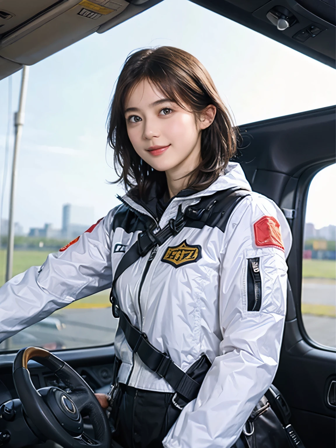 164
Shorthair, (a 20 yo woman, standing), A hyper-realistic, gentle smile, sci-fi cool suit, (口紅), in the cockpit of an old fashioned fighter aircraft