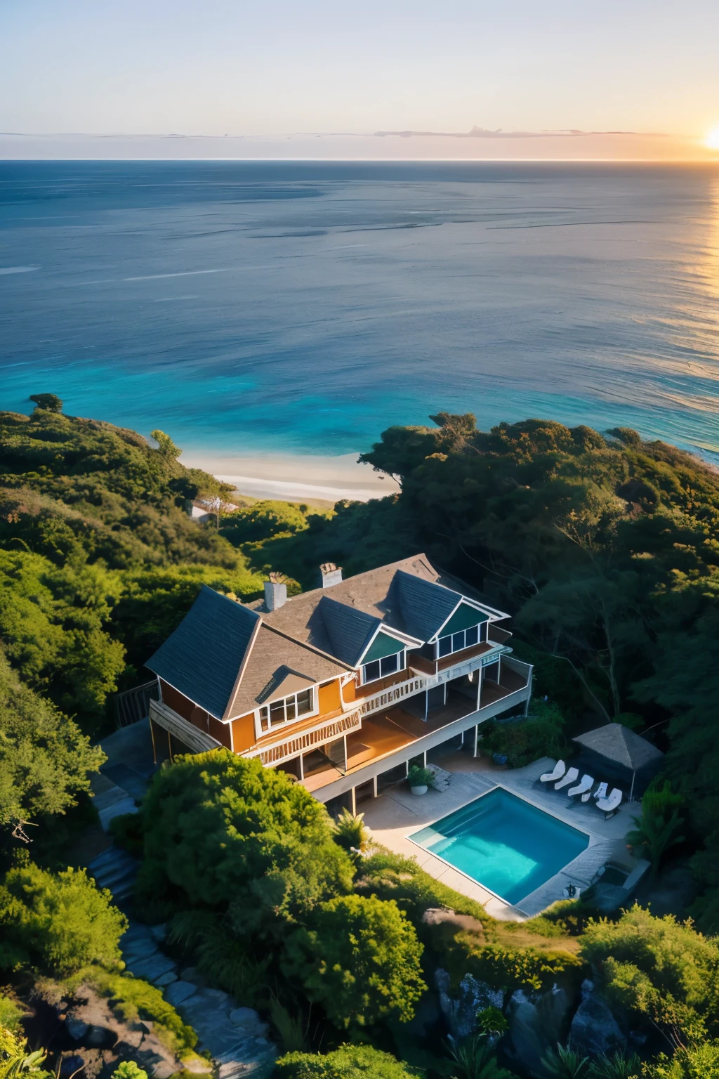 A breathtakingly beautiful house, nestled on an isolated island in the tranquil sea, boasts of an enchanting allure. The sun-kissed abode is adorned with unique character, as its wooden frame blends harmoniously with the surrounding foliage and natural rock formations. The descent to the crystal-clear waters below is marked by a series of ancient-looking stone steps, forming an intriguing connection between the house and the sea. Upon the horizon, a glorious sunset unfolds, bathing the entire scene in a warm, golden glow. Seen from afar, the melding of the house, rocks, and water against the backdrop of the breatht