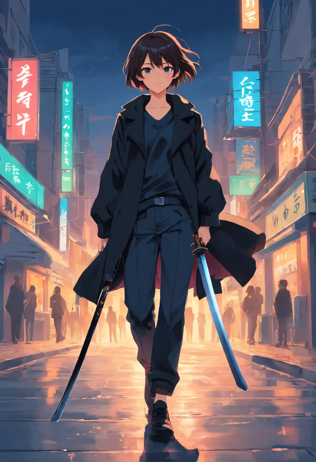 Adolescente, com cabelo preto , a black coat with black pants holding a katana