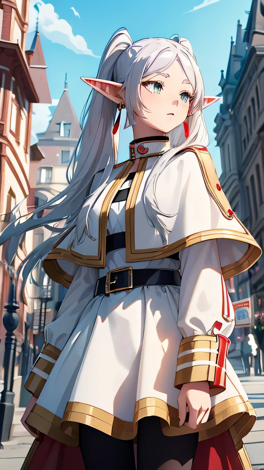 master, Elf Girl, frozen base, Double tail, earrings, white shawl, striped shirt, white skirt, long sleeves, belt, black pantyhose, Red wand with golden crescent moon and ruby on top, 18th century German style buildings and streets, Blue sky and white clouds